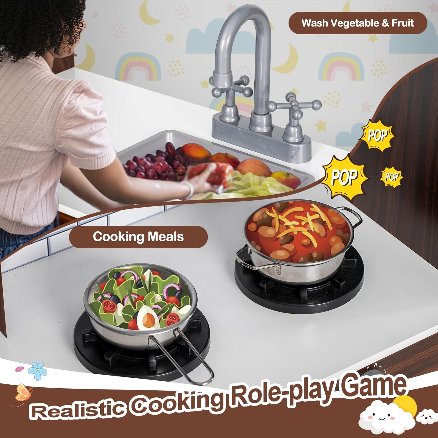 BRINJOY Corner Play Kitchen for Kids, Wooden Toddler Kitchen Playset w/Faucet, Sink, Microwave, Oven, Apron, Blackboard, Storage