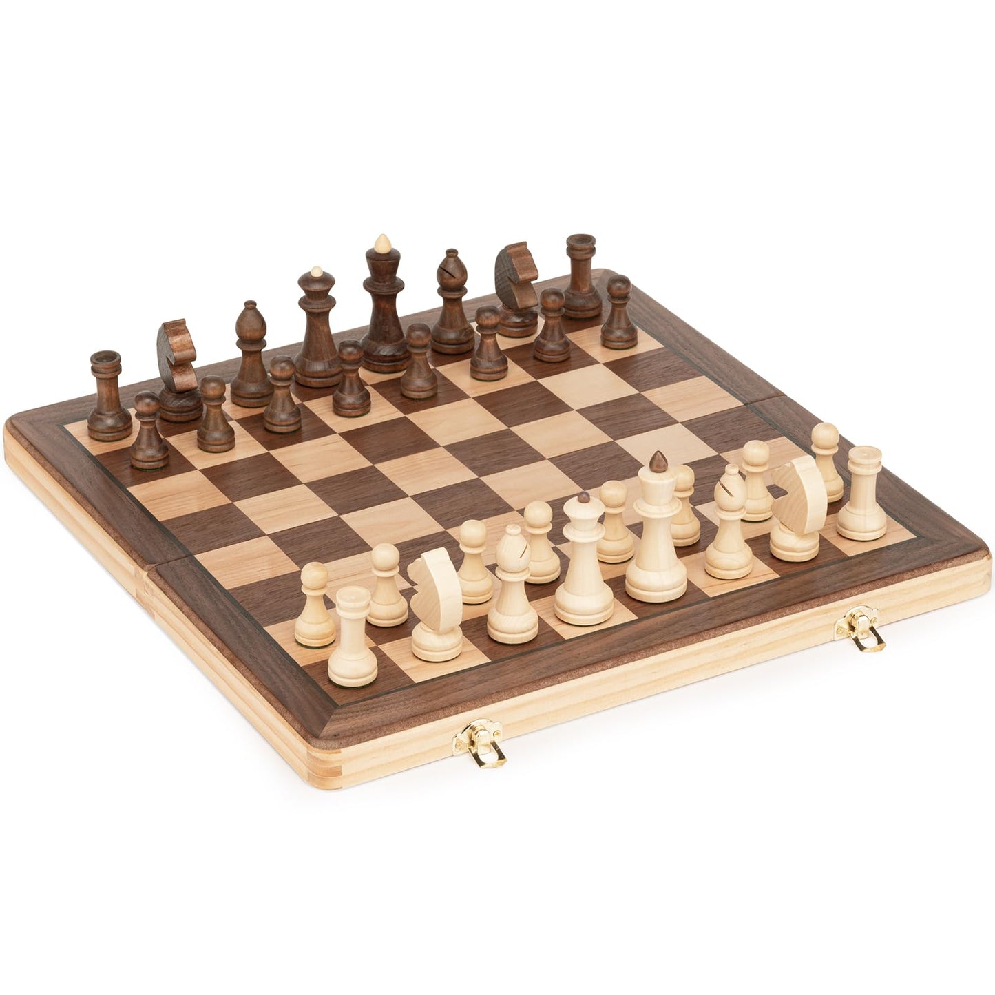 Lingle 15 Inch Travel Wooden Folding Chess Set W/ 3 Inch Kh Chess Pieces- Walnut & Maple Inlay Board Games