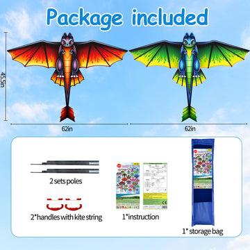 Kite, 2 Pack Dragon Kites For Kids Ages 4-8 8-12 & Adults, Easy To Fly Dinosaur Kite For Beginner, Kite With Kite String, Great For Outdoor Activities & Family Trip Easter Gifts