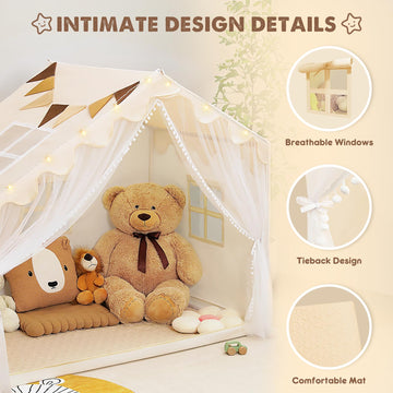 Piikago Kids Play Tent With Mat - Kids Tent Indoor With Star Lights And Flags, Toddler Tent For Kids Ages 3-8, Kids Playhouse Fo