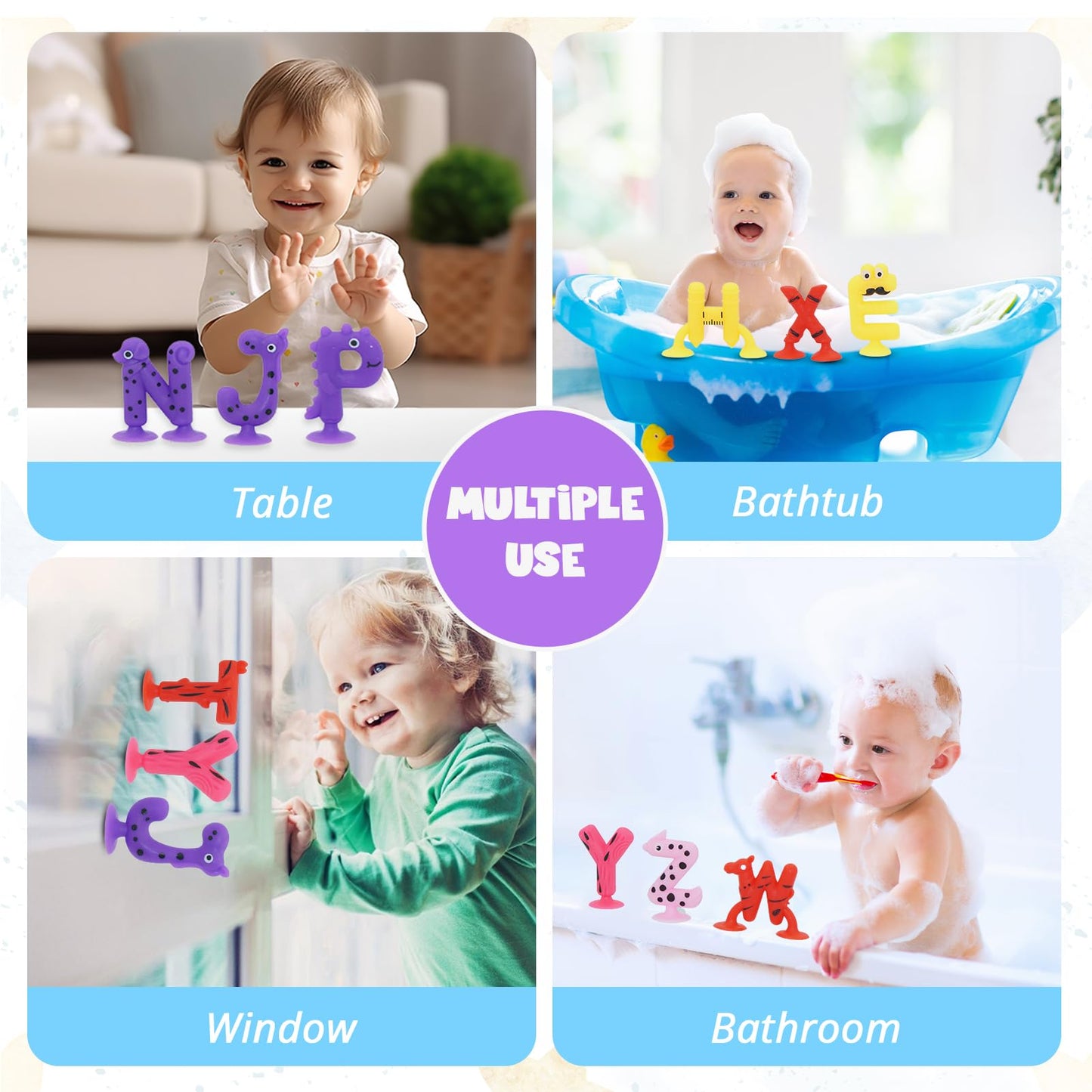 Alphabet Letters Learning Suction Toys: Abc Silicone Baby Bath Toys, Bathtub/Windows/Car/Travel Toys For Toddlers 1-3, Preschool