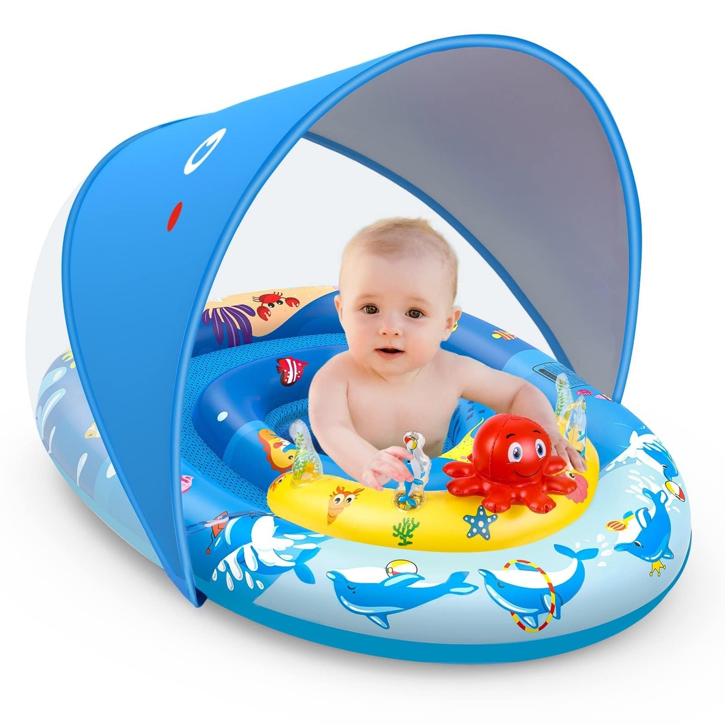 Ezigo Baby Pool Float With Canopy Upf50+ Sun Protection, Inflatable Kids Pool Float With Ocean Animal Toys For Babies 6-36 Months, Infant Swimming Float With Adjustable Safety Seat For Boys Girls