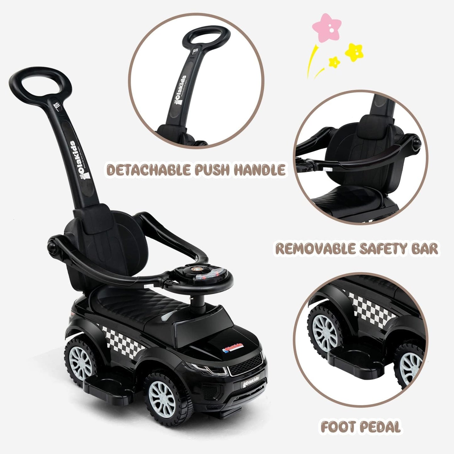 Olakids 4 In 1 Ride On Push Car, Toddlers Stroller Sliding Walking With Horn, Music, Lights, Removable Guardrails And Handle, Underneath Storage, Foot-To-Floor Walker For Boys Girls (Dark)