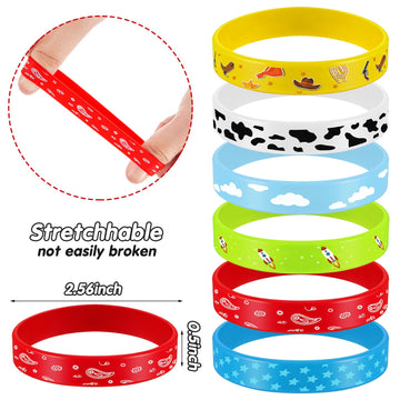 36 Pcs Western Party Bracelets for Boy and Girl Cow Pattern Printed Rubber Bracelets Cartoon Story Themed Silicone Stretch Wrist