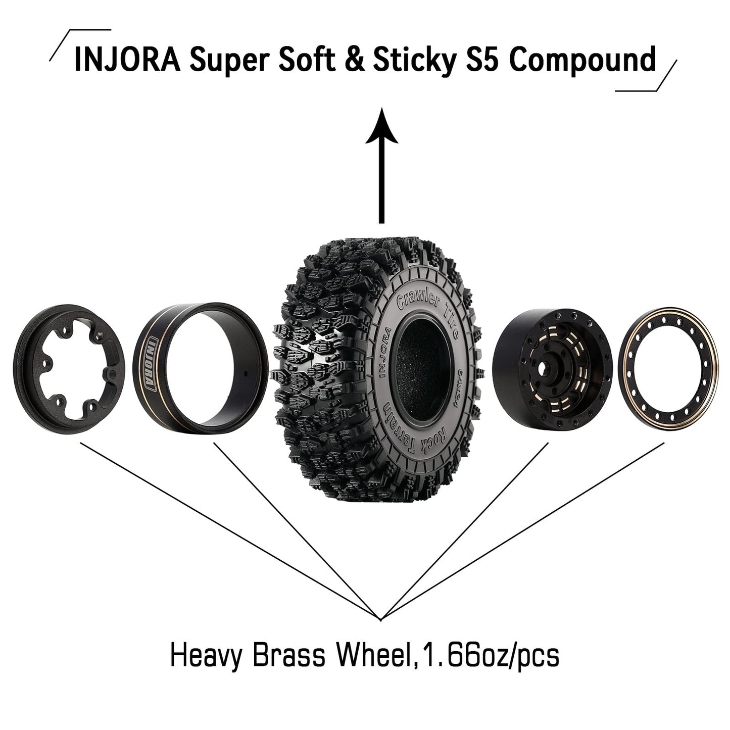 INJORA 1.0 Brass Beadlock Tires Set 4PCS Tires for 1/18 TRX4M 1/24 RC Crawler Car Axial SCX24 FMS FCX24 Gladiator Bronco C10 JLU