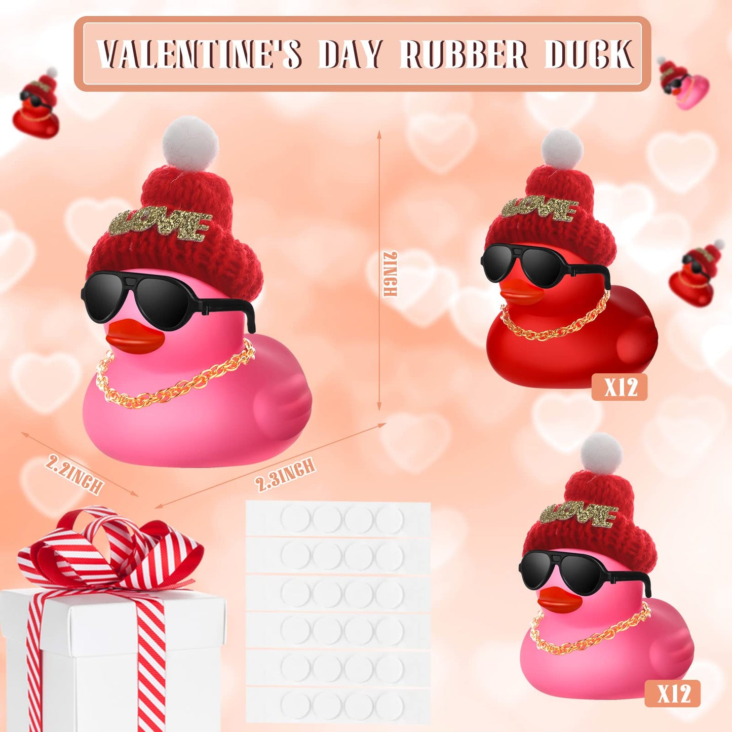 24 Pcs Valentine'S Day Mini Rubber Duck With 24 Sunglasses 24 Hat 24 Necklace, Yellow Valentine Rubber Duck In Bulk Bath Toys Fo