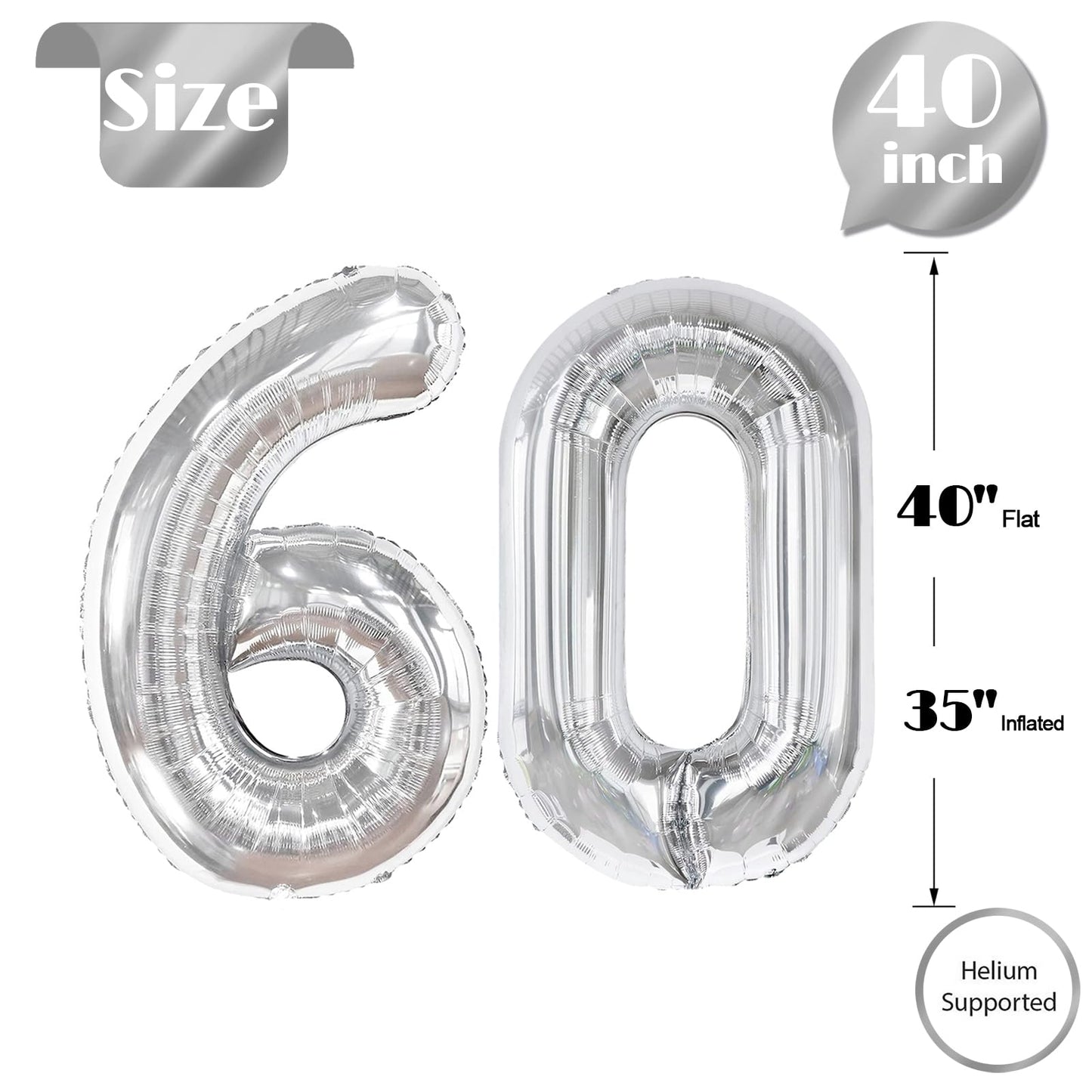 60 Balloon Number, Silver Number 60Th Birthday Balloons 40 Inch, 60 Years Old Silver Birthday Decorations For Men Women, 60Th An