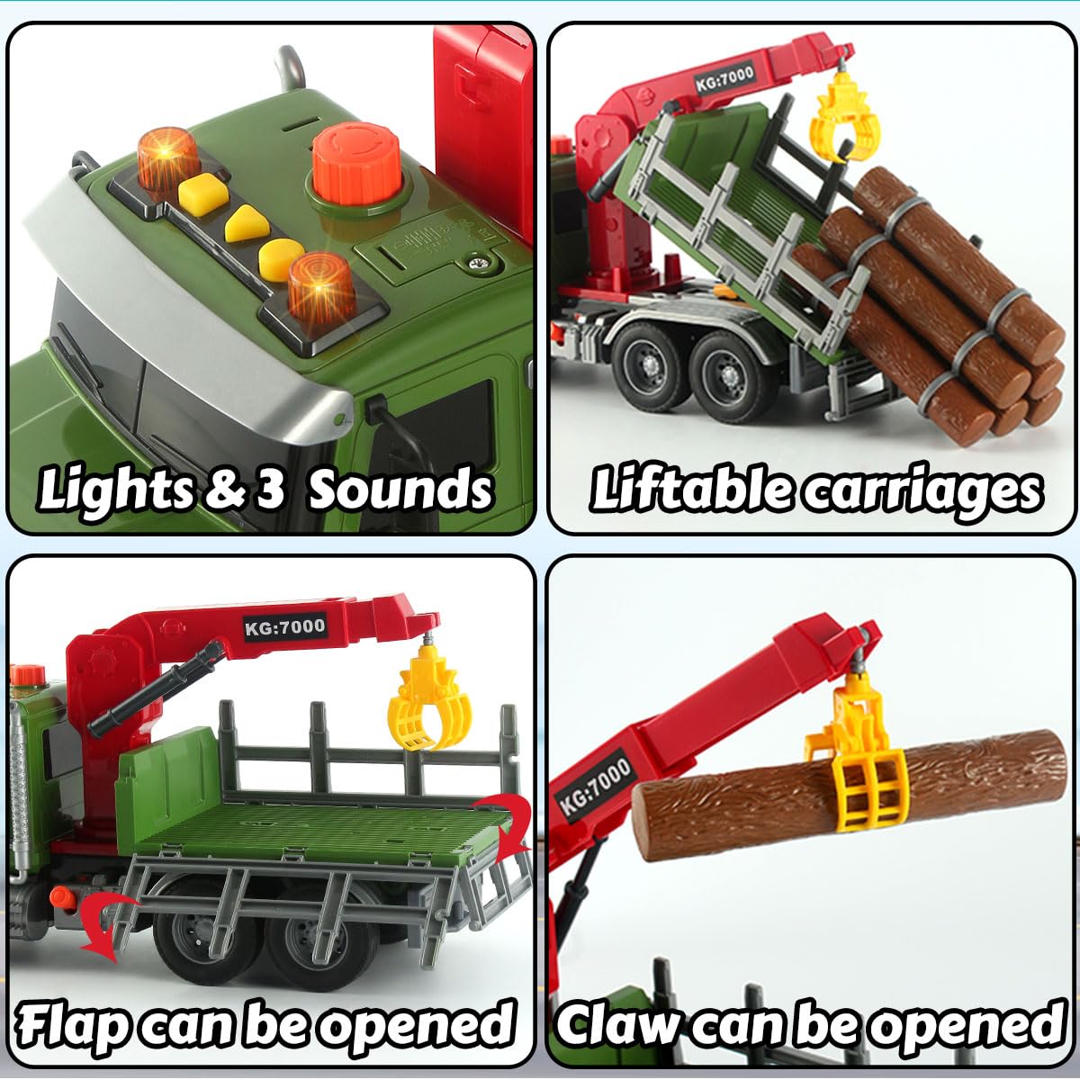 Wenbeier Farm Truck Toy for Kids 15'' Large Timber Truck with Loading Crane and 6 Woods - Log Truck with Sound and Light Gift fo