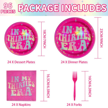 96Pcs In My Thirties Era Plates and Napkins 350GSM Holographic Rainbow 30th Birthday Decoration Hot Pink Tableware Set Singer In