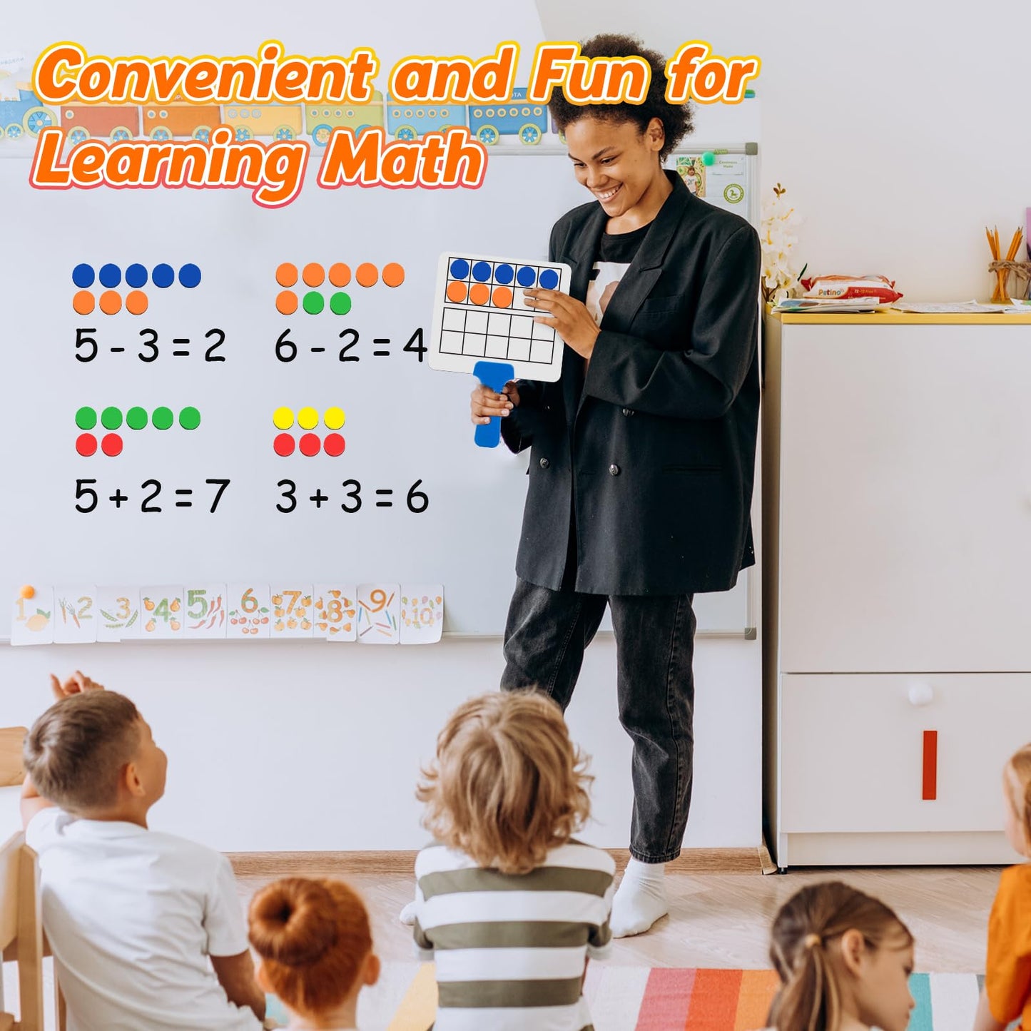 Quilinz Magnetic Ten Frame Set - 5 Dry Erase Paddles & 150 Math Counters, Math Manipulatives for Kids, Red/Orange/Yellow/Green/Blue, EVA