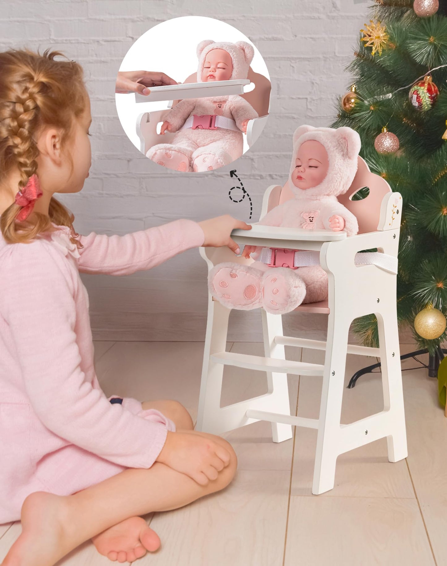 Robud Baby Doll High Chair, Pretend Play High Chair With Seat Belt, White Wooden Baby Doll Accessories With Movable Tabletop, Fi