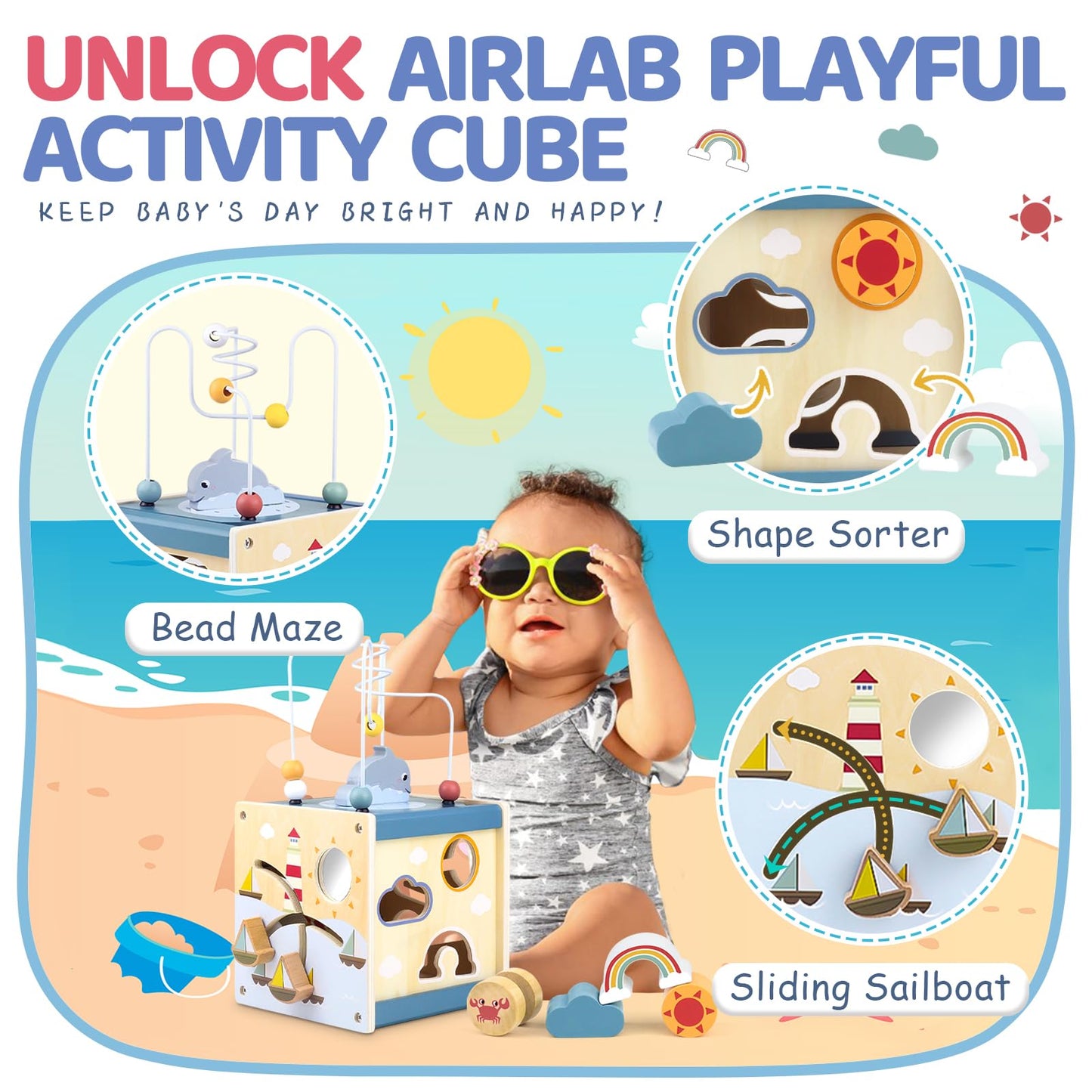 Wooden Activity Cube Montessori Toys For 1 Year Old Toddlers 12 Months + Toddler Learning Toys 1-3 Boys Girls Baby Sensory Interactive Birthday Gift