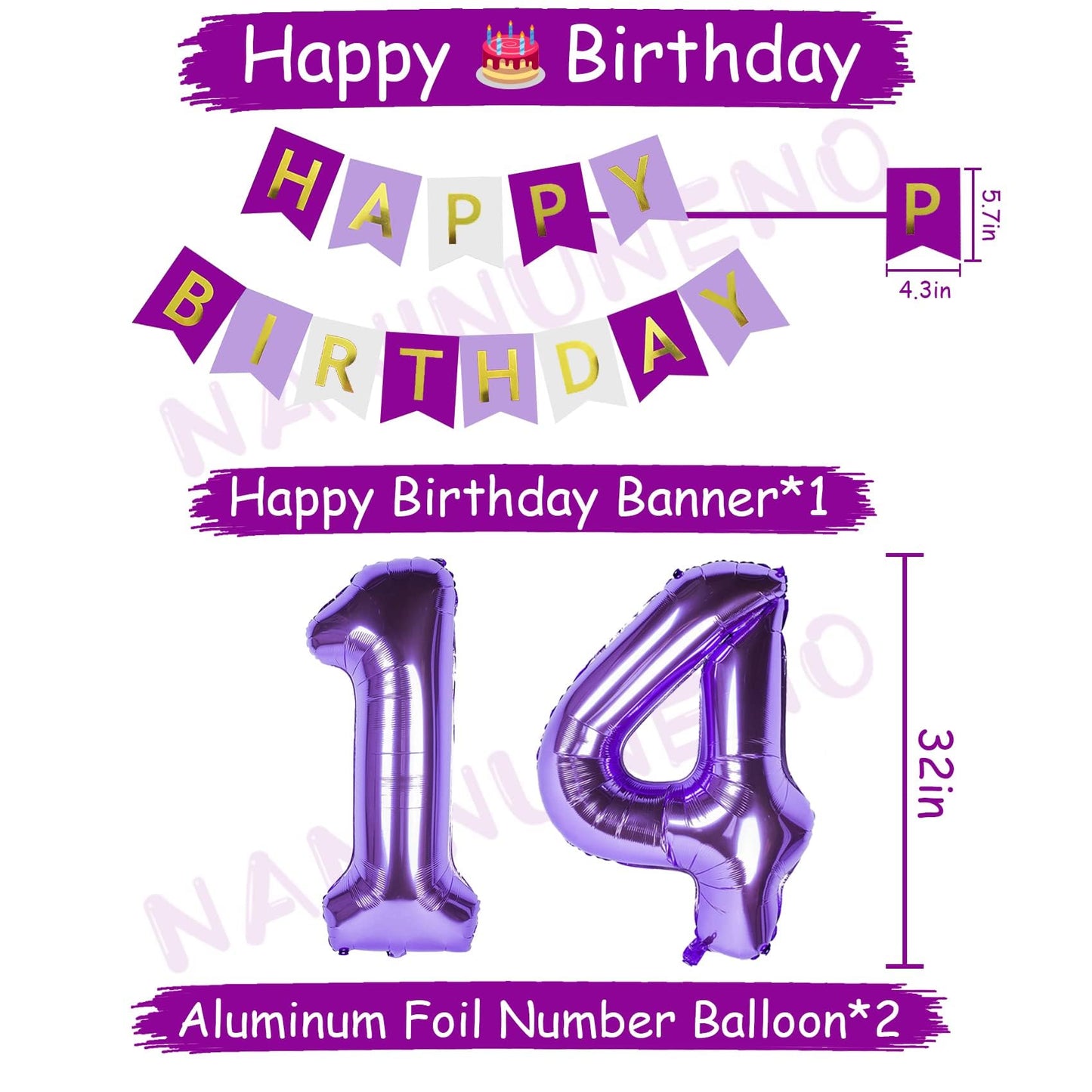 Naninuneno 14Th Birthday Decorations For Girls, Purple 14 Happy Birthday Balloons Supplies Including Purple Happy Birthday Banne