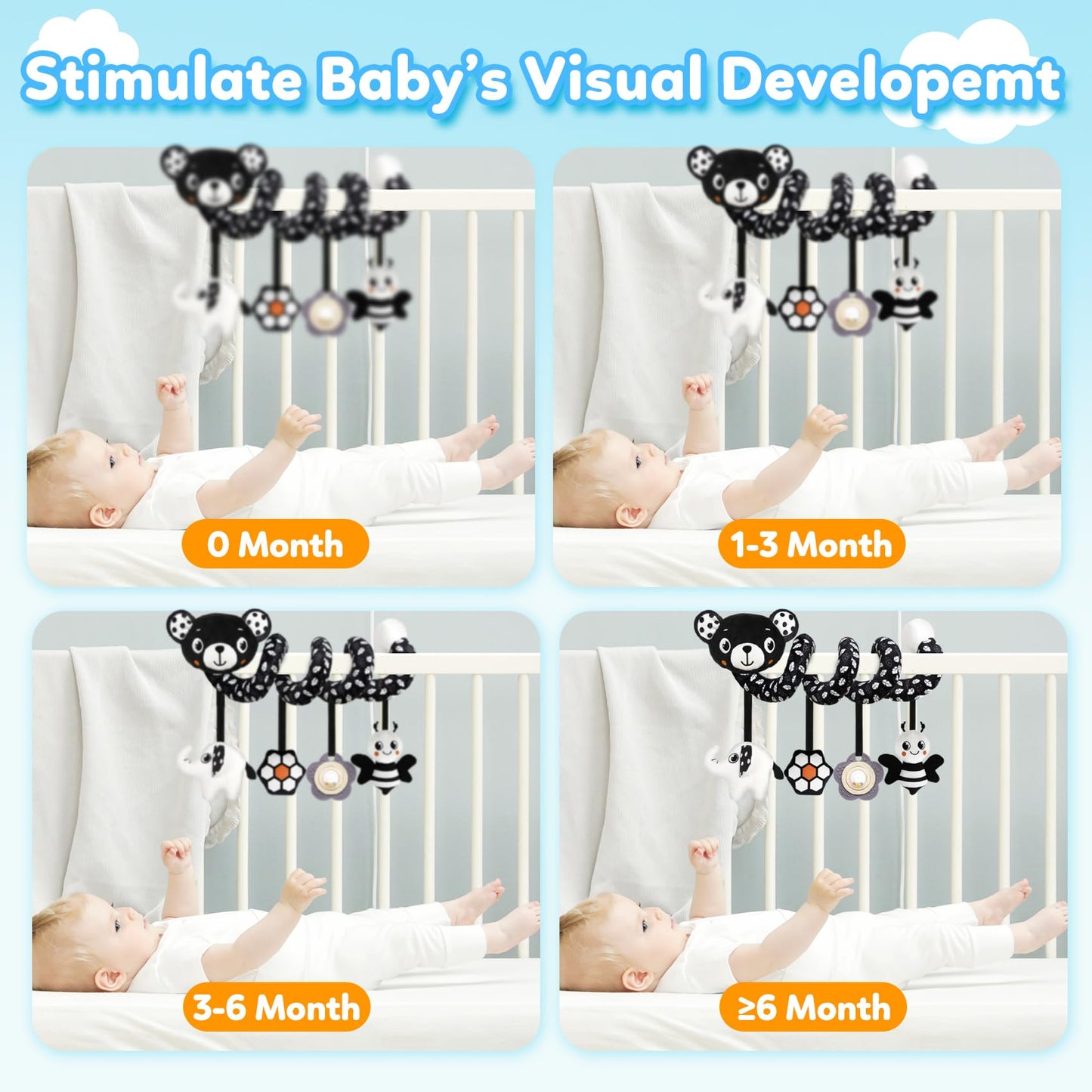 Baby Carseat Toy Black & White Rattle Spiral Hanging Activity Stroller Toy For Newborns Boys And Girls, Easter Basket Stuffers -