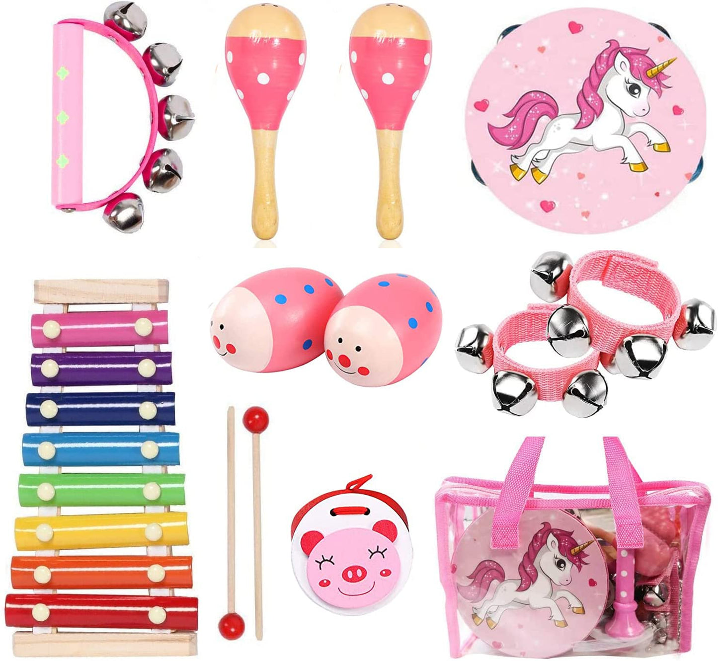 Kids Musical Instruments Sets, 12Pcs Wooden Percussion Instruments Toys Tambourine Xylophone For Kids Playing Preschool Education, Early Learning Musical Toys For Boys Girls Gift (Pink)