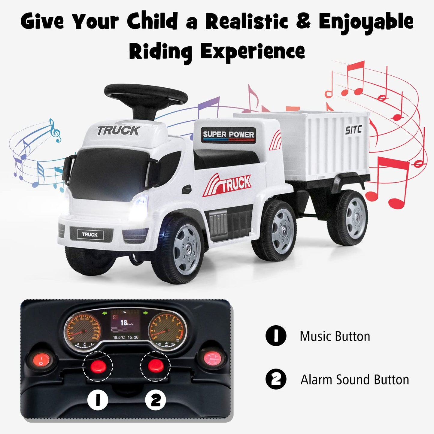 Olakids Kids Ride On Push Car, 2 In 1 Foot-To-Floor Sliding Truck With Detachable Trailer, Steering Wheel, Headlights, Music, Alarm Sound, Toy Walker Gift For Toddlers Age 1.5-3 Boys Girls (White)
