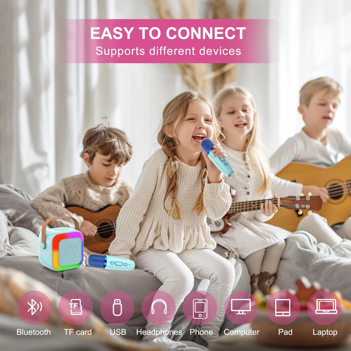 Szozzo Mini Karaoke Machine For Kids,Portable Bluetooth Karaoke Speaker With 2 Wireless Microphone And Led Lights, Toys Birthday