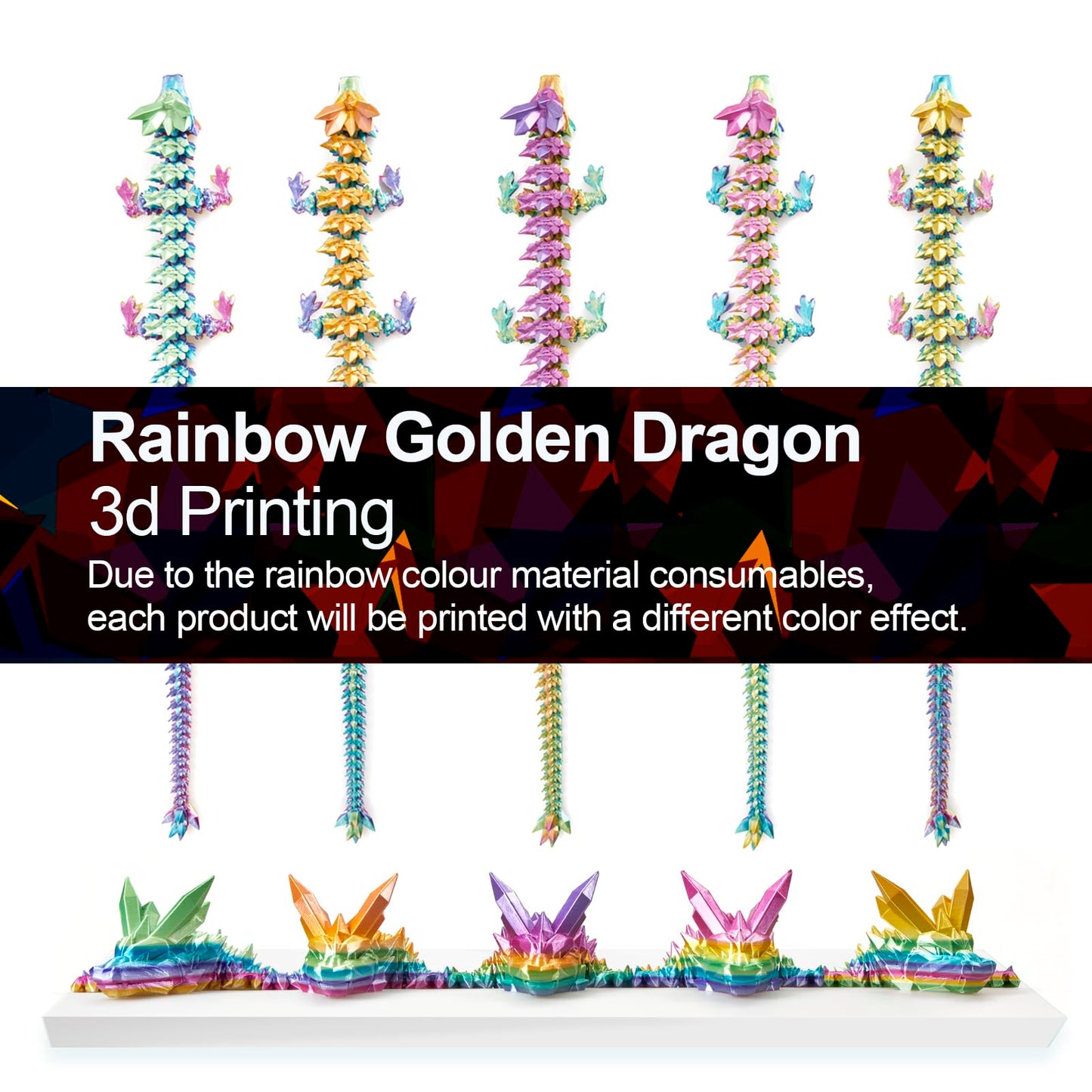 Rwsefk 24 In 3D Printed Dragon, 24Inch Dragon,3D Dragon Toy,Large Dragon Present,Ariculated Crystal Dragon(Gold Rainbow)
