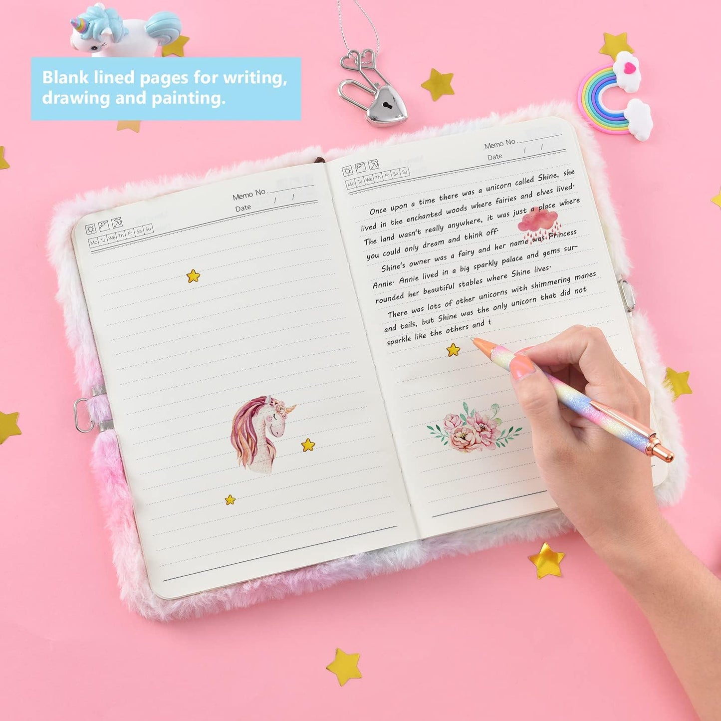 Plush Unicorn Diary - Girls Diary With Lock Notebook Journal For Kids Birthday Christmas Valentine Gift Embroidery Fluzzy Travel School A5 Secret Diary Writing Drawing Notepad With Locks And Keys