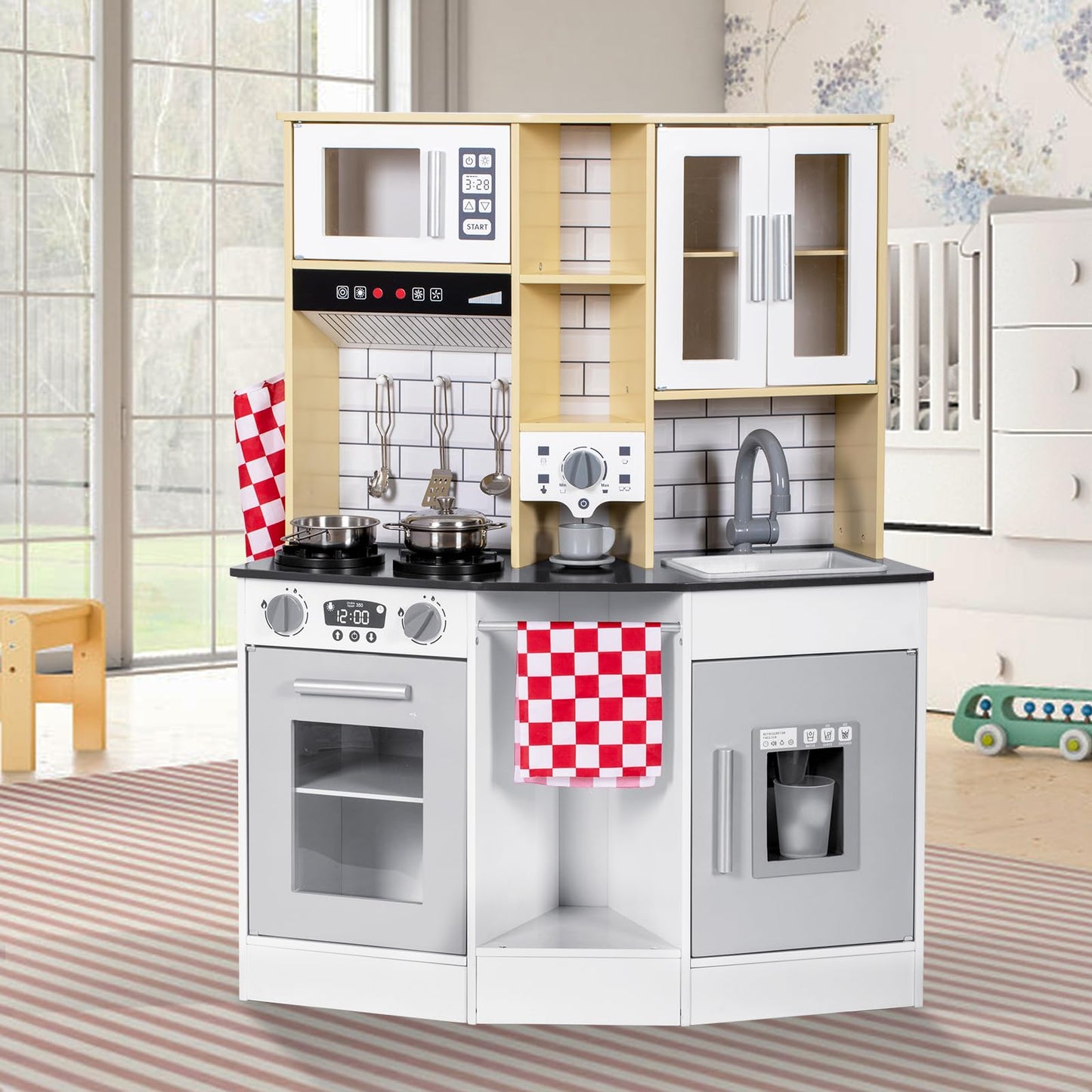 BRINJOY Kitchen Playset for Kids, Wooden Toddler Play Kitchen w/Faucet, Sink, Microwave, Oven, Apron, Cabinets, Children Pretend