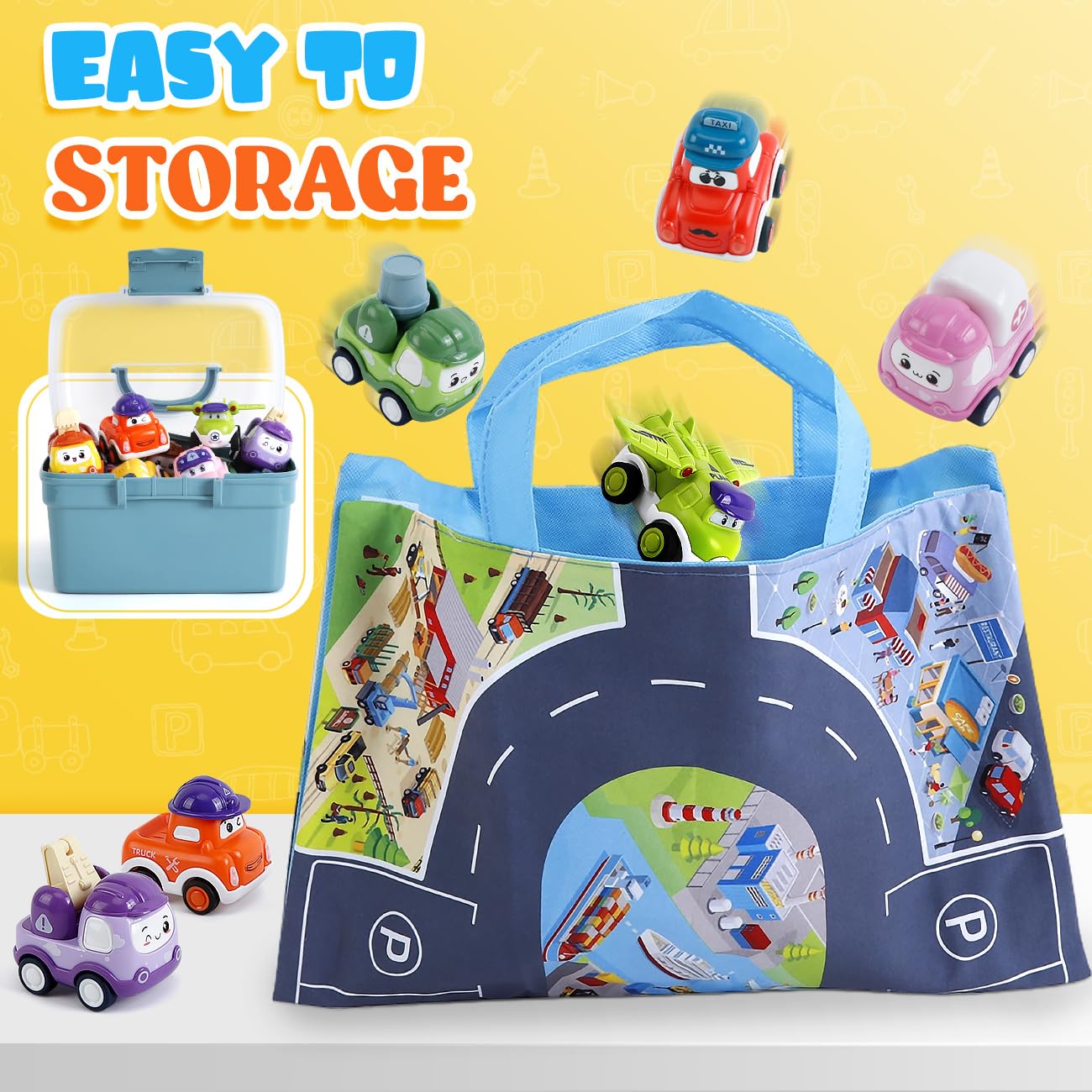 Kiddiworld Mini Car Toys For 1 Year Old Boy Gifts, 12 Sets Pull-Back Trucks With Playmat/Storage Box For Toddlers Age 1-2, Baby Toys 12-18 Months, 1St Christmas Birthday Gifts For One Year Olds
