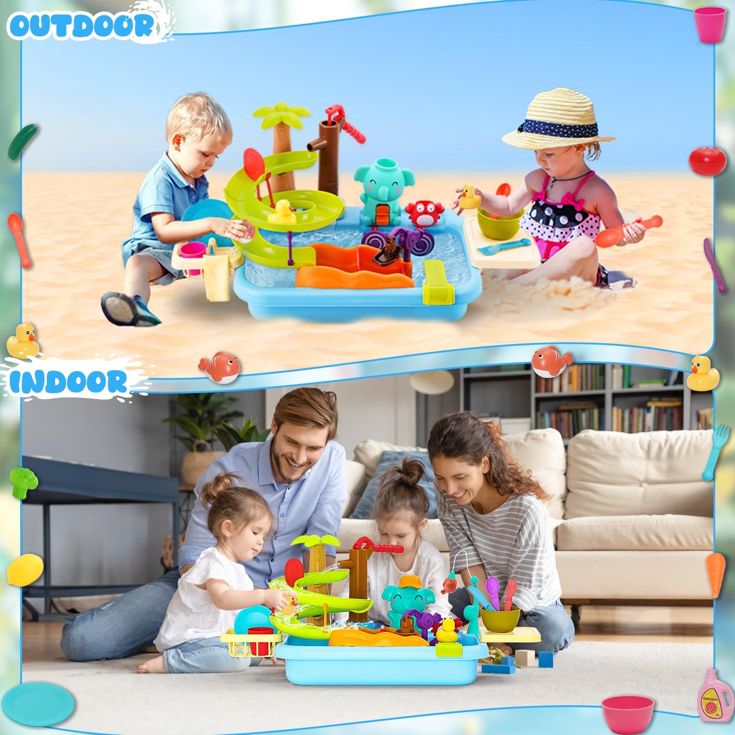 Play Sink with Running Water, 4-in-1 Kitchen Sink Toy with Upgraded Water Slide Track, Magnetic Fishing Game Floating Toys for W