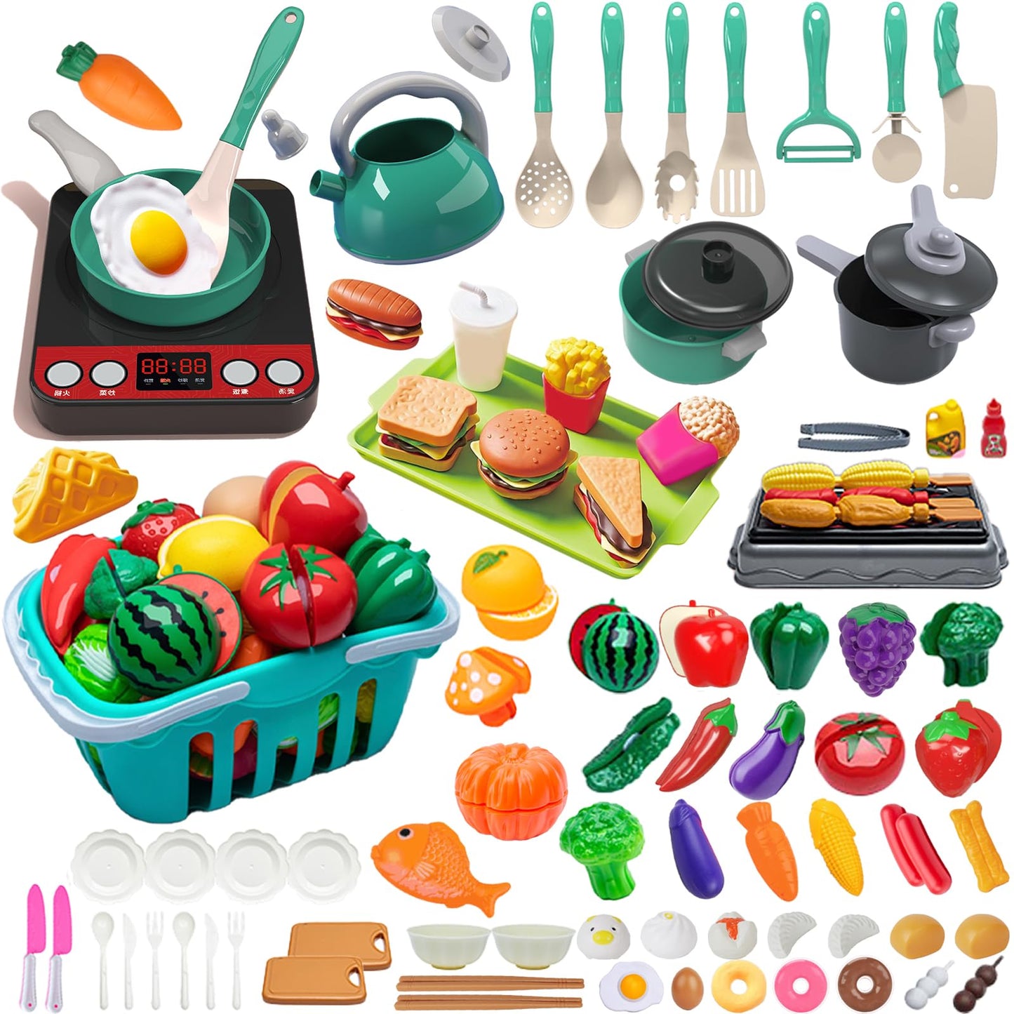 Lpluziyyds 108Pcs Kids Kitchen Toy Accessories, Toddler Pretend BBQ Camping Cooking Playset, Utensils Cookware Toys, Play Food S