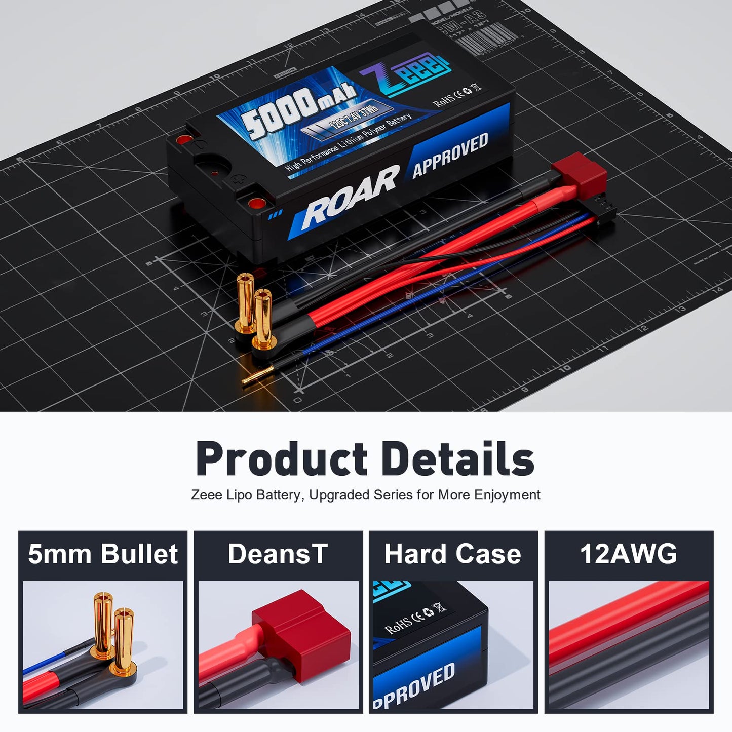 Zeee 2S Shorty Lipo Battery 5000mAh (Roar Approved) 7.4V 120C with 5mm Bullet to Deans Connector Hard Case Battery for 1/10 Scal