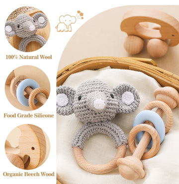 Wooden Baby Rattle 3 Pcs Push Car Rattle Set Crochet Rattle Ring Wooden Montessori Toy For Newborn Infant Baby Gifts (Elephant R
