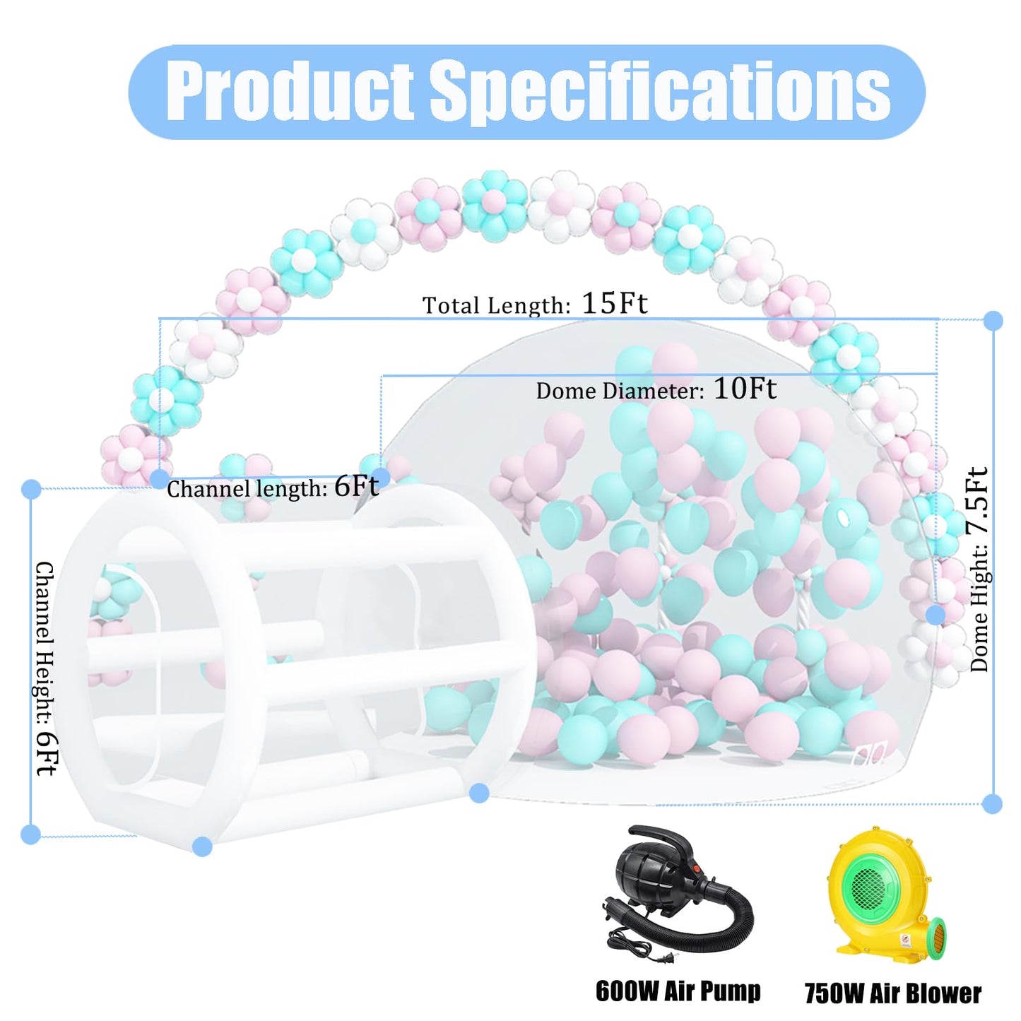 Inflatable Bubble House For Kids, 10Ft Clear Blow Up Balloon Dome With 6'L Tunnel, Outdoor Transparent Commercial Grade Pvc Bubb