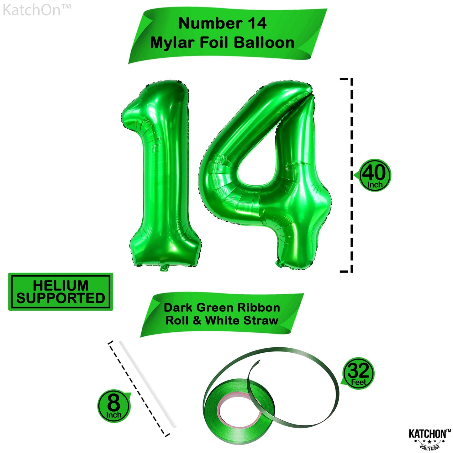 Katchon, Dark Green 14 Balloon Numbers - 40 Inch | Green Number 14 Balloons For 14Th Birthday Decorations For Girls | 14Th Birthday Balloons For 14Th Birthday Decorations For Boys | 14 Green Balloons