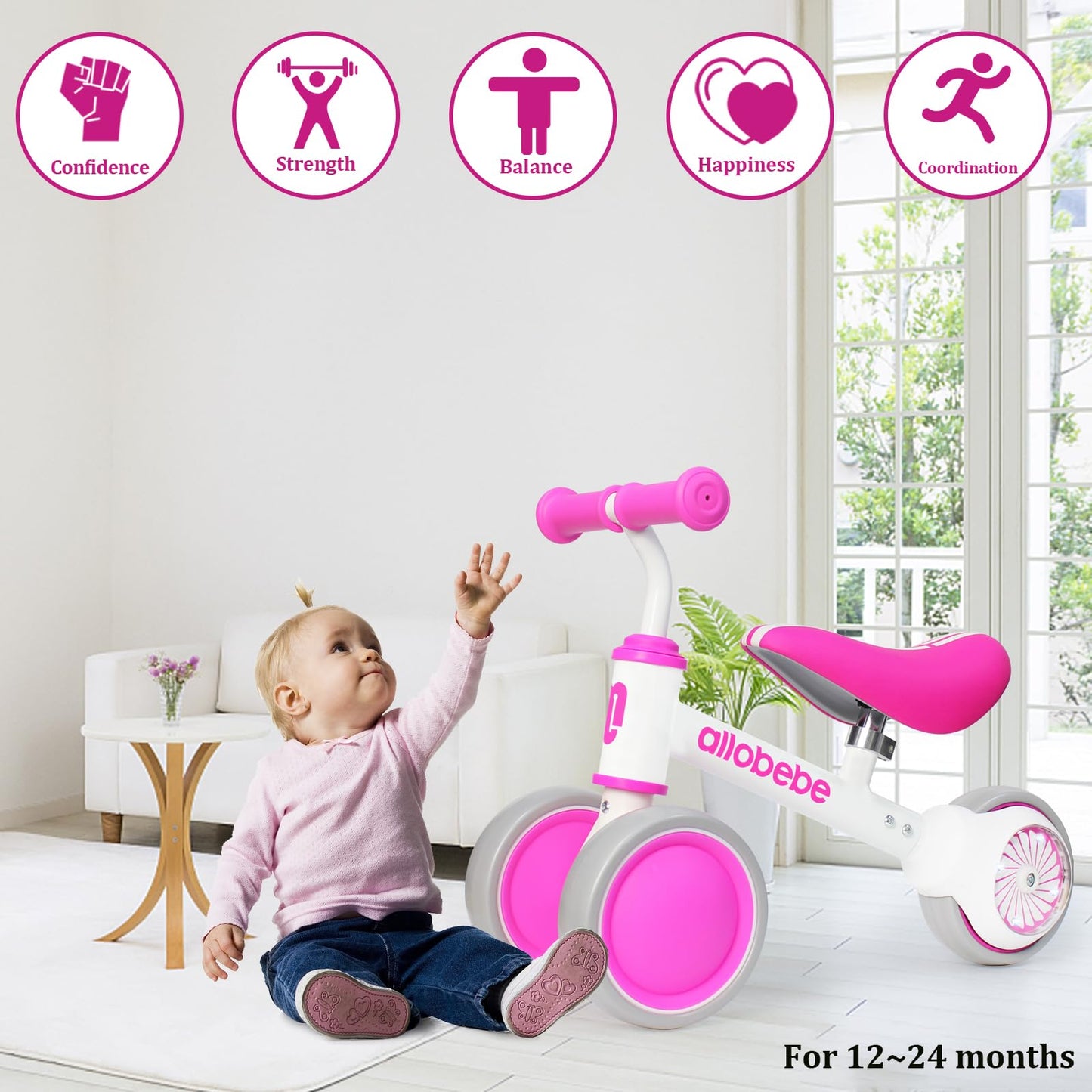 Allobebe Baby Balance Bike, Baby Walker 12-36 Months Gifts For 1 Year Old Girl, Toddler Bike To Train Baby From Standing To Running With Adjustable Seat, Flash Light Rear Wheel