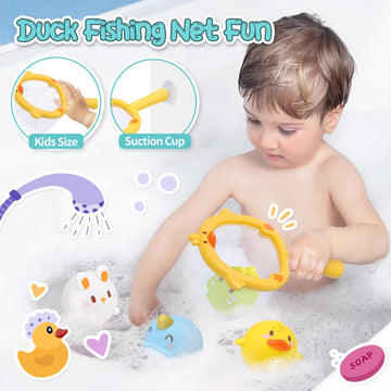 Cute Stone Baby Bath Toys, Bathtub Toy W/ Water Slide Building Track, No Hole Floating Squirting Toys, Duck Fishing Net Game, To