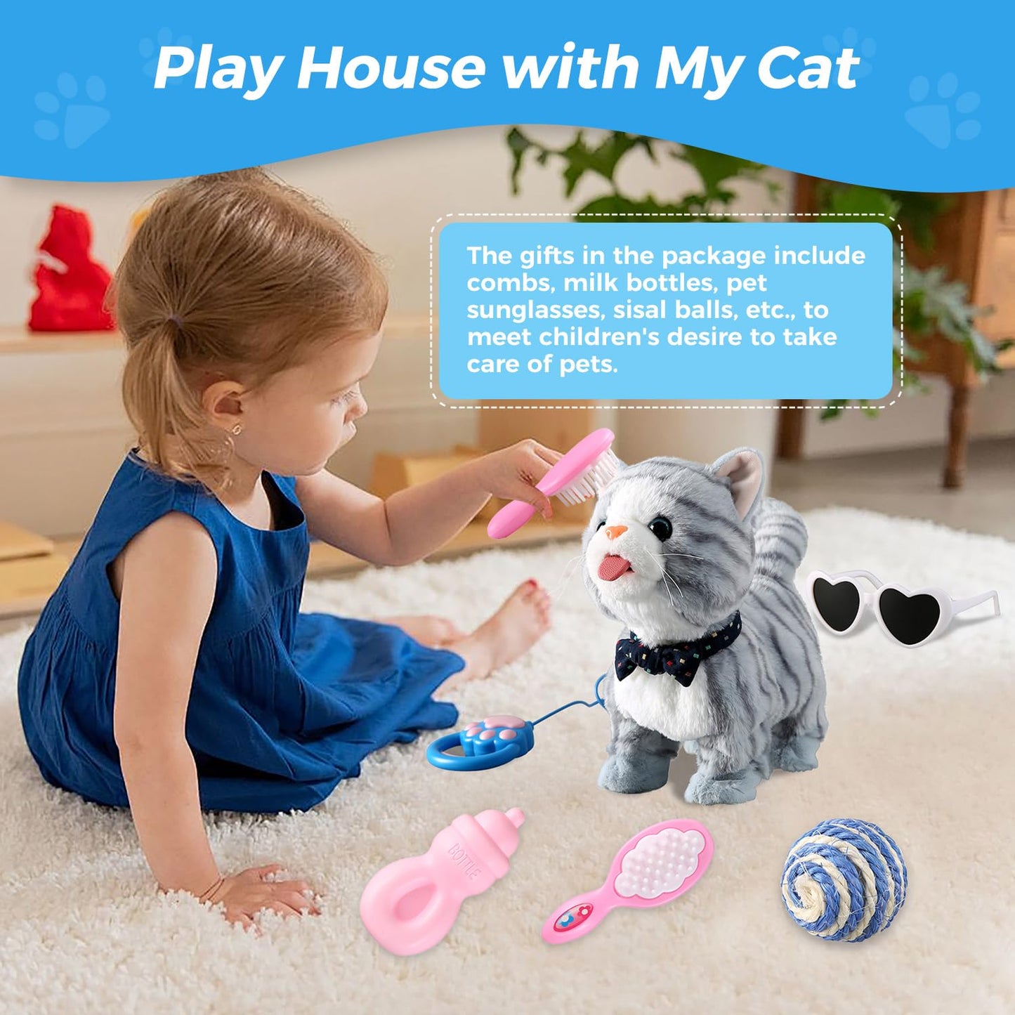 HCdoujoy Interactive Talking Cat Toy - Plush Robot, Blue Bowtie, Cotton, Voice Control, Nodding Tail, for Kids
