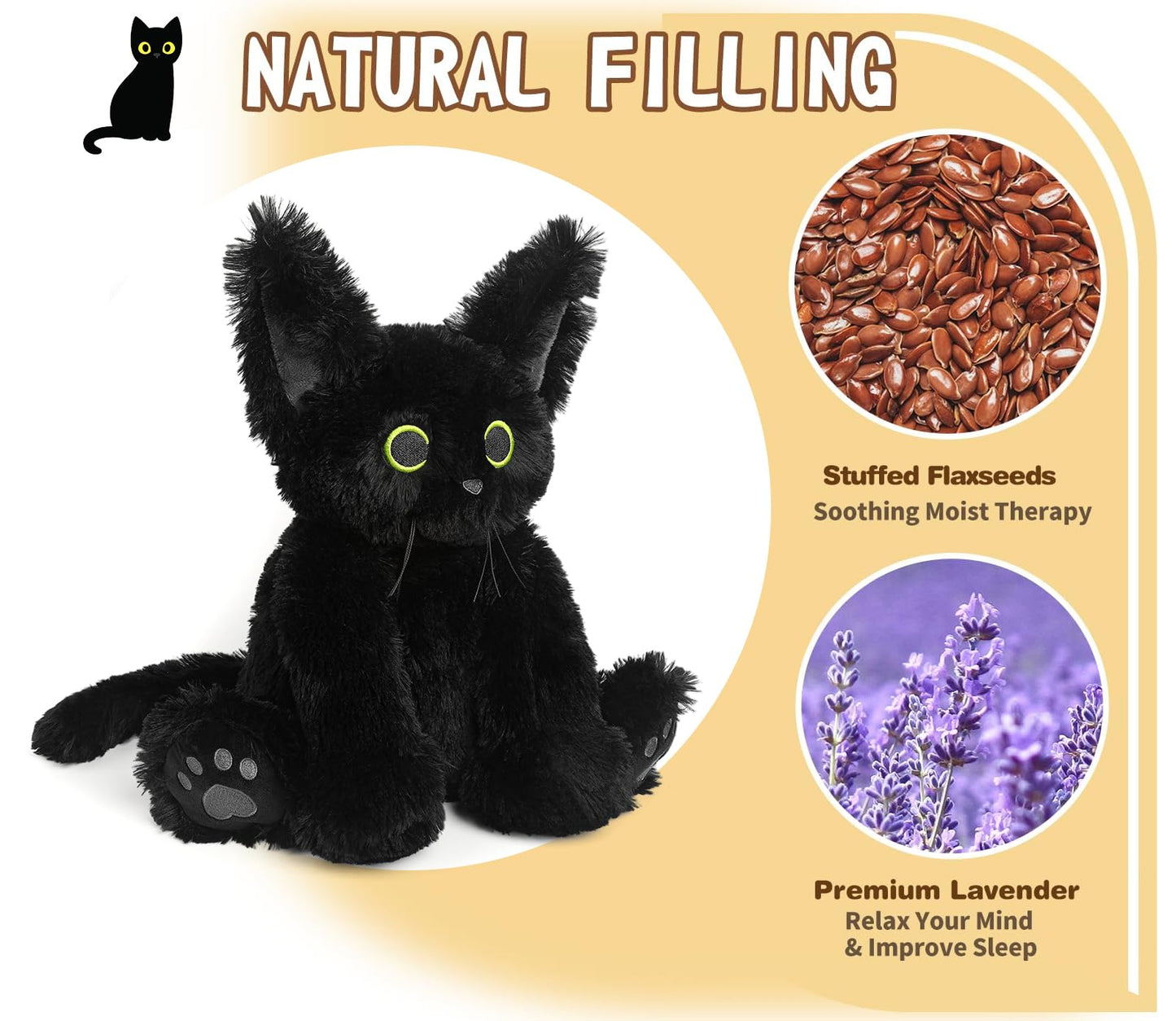 Cuckool Black Cat Stuffed Animals, Microwavable Stuffed Animals Heating Pad For Cramps, Pain Stress Relief, Heatable & Coolable
