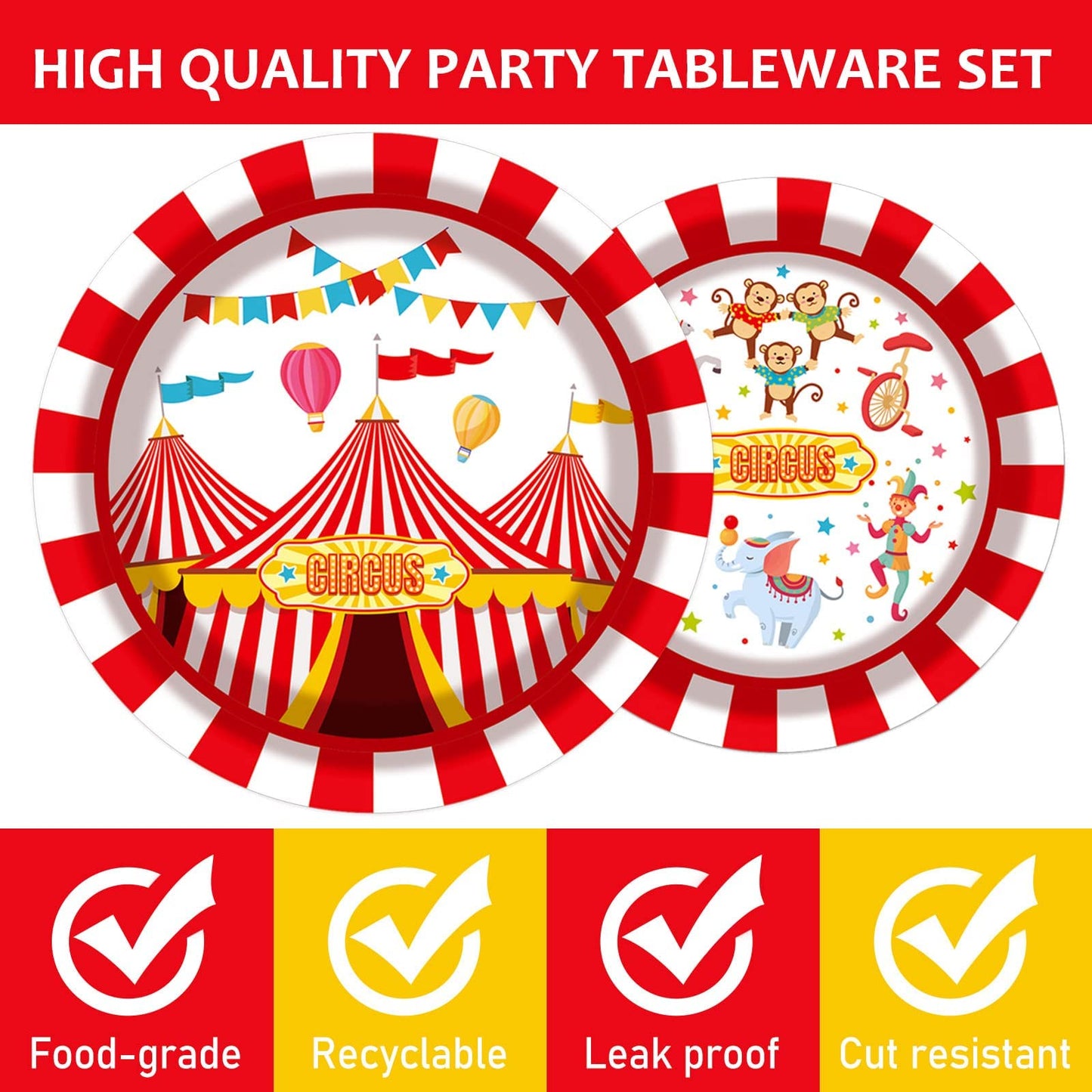 Gisgfim 96 Pcs Circus Party Supplies Paper Plates Napkins Carnival Party Disposable Tableware Set Birthday Decorations Favors Fo