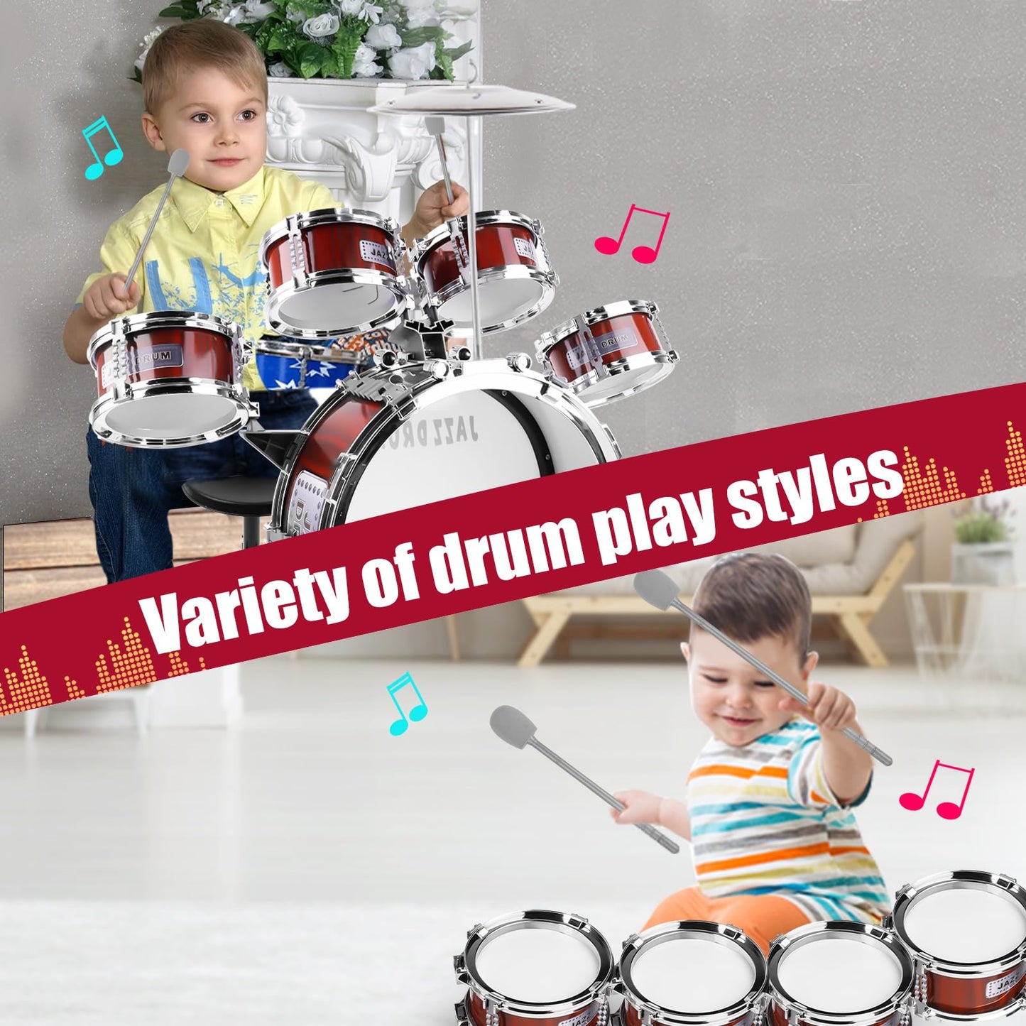 Oonewiser Kids Drum Set For Toddlers Toy- Musical Instruments Toys Drum Kit 9 Pcs With Stool, Bass Drum, 4 Small Drums Percussio