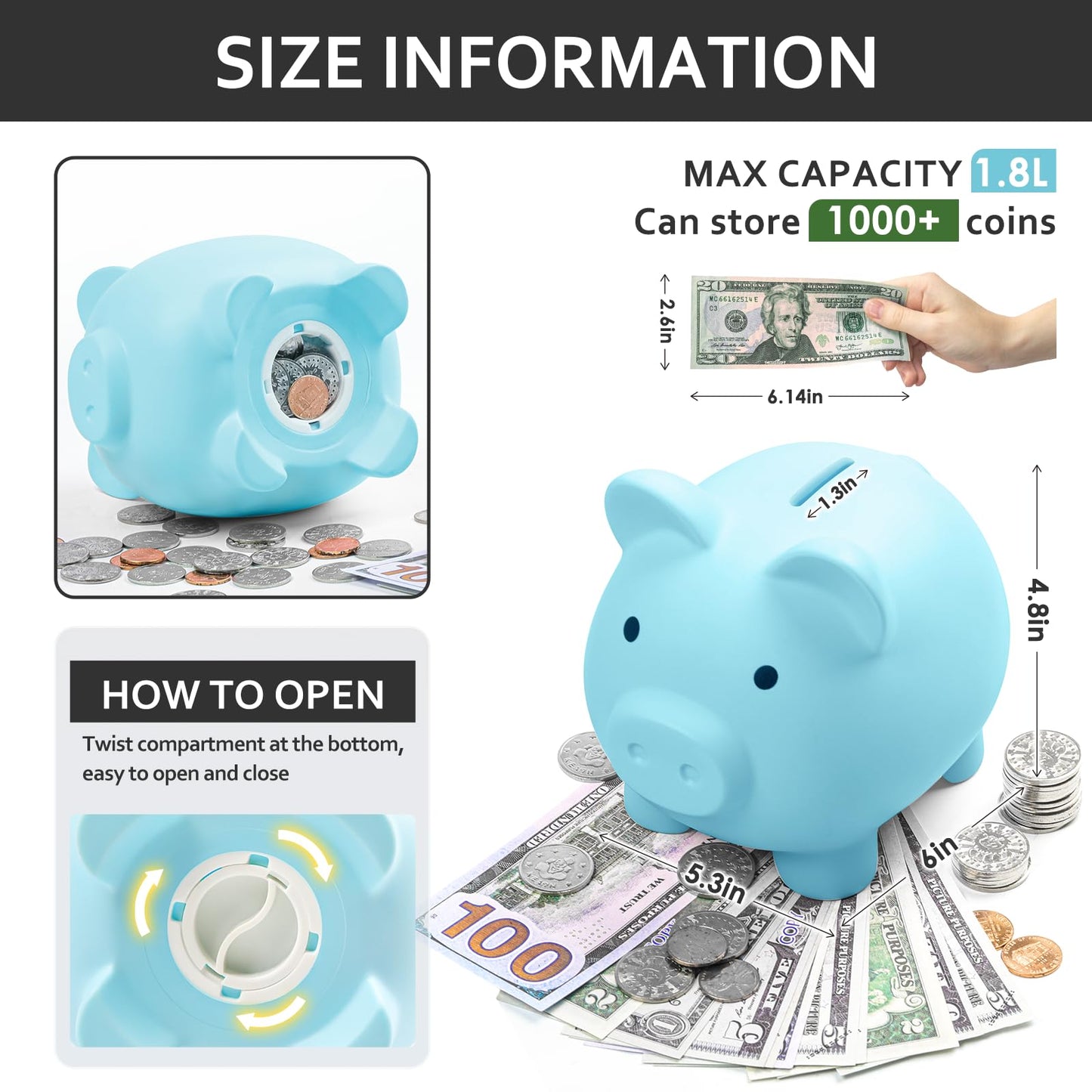 Piggy Bank For Kids Adults, Vcertcpl Unbreakable Plastic Piggy Bank Coin Bank Money Saving Box For Cash Saving, Kids Bank Money Jar Adults, Piggy Bank For Boys Girls, Gift Toys Banks For Kids (Blue)