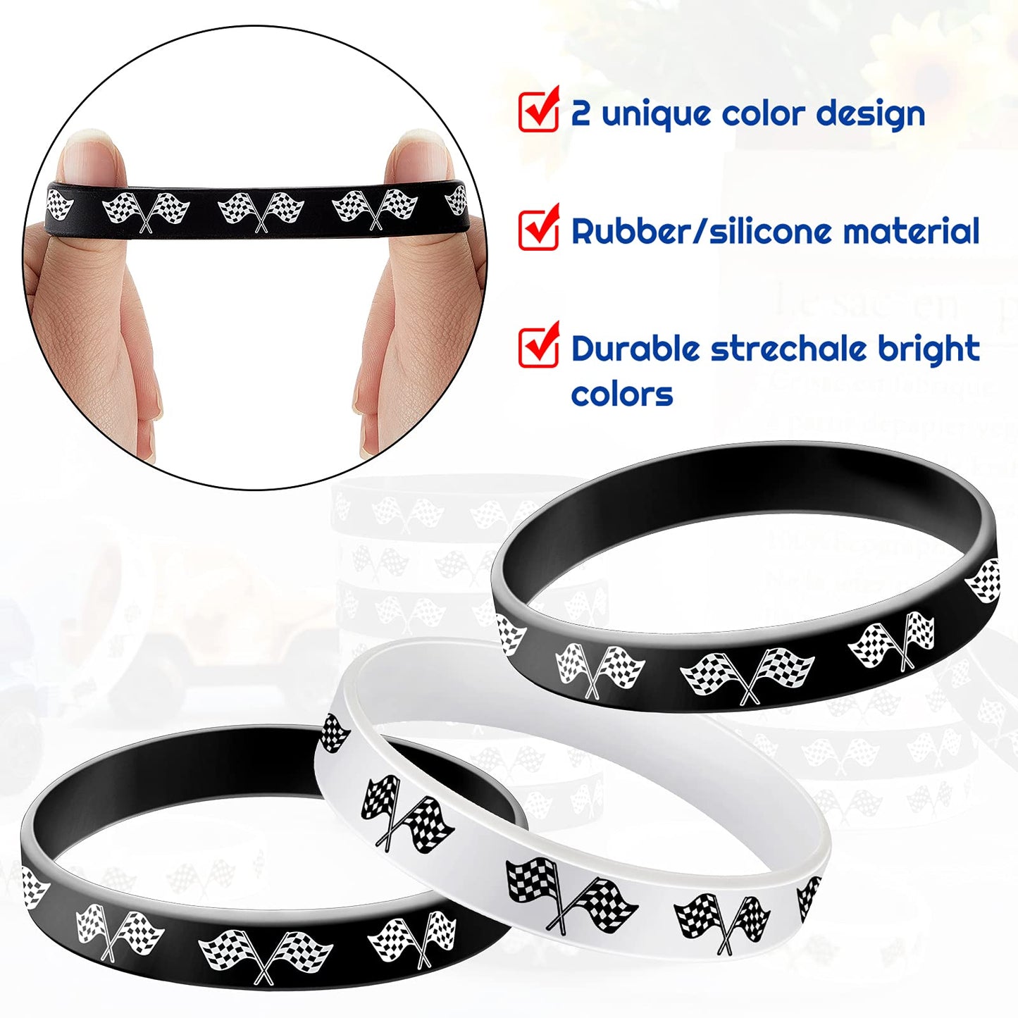 48 Pieces Racing Flag Rubber Bracelets 2.56 Inch Silicone Race Car Silicone Wristbands for Fitness, Racing, Dirt Bike, Basketbal