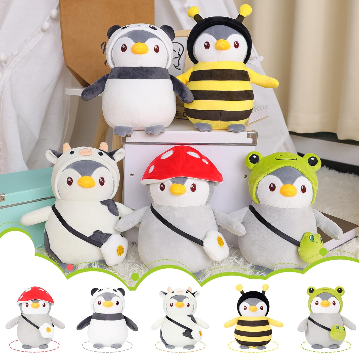 Meleceri Cute Penguin Cow Plush Toy, 9.8'' Stuffed Animal With Cow Costume Outfit,Christmas Birthday Gift