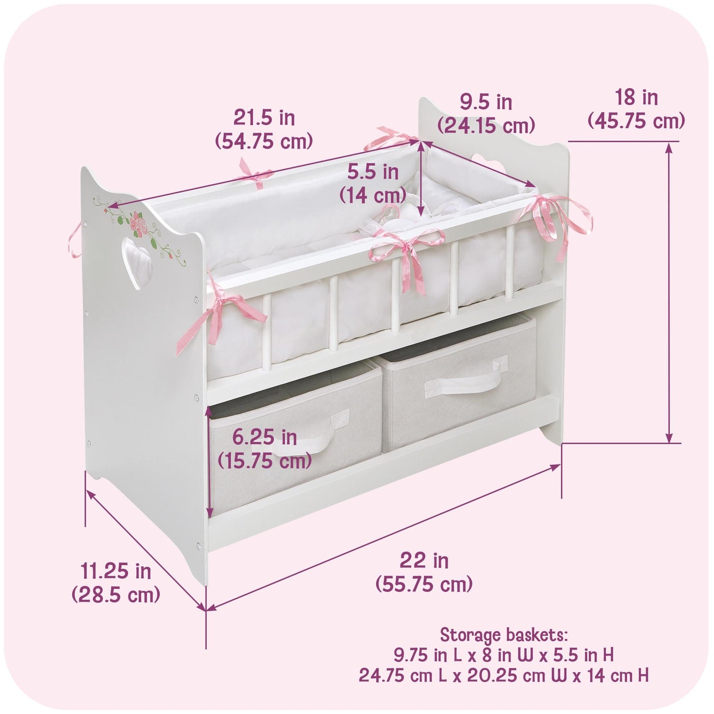 Badger Basket Wooden Doll Bed With Bed Liner, Pillows And Two Storage Baskets - Fits 18-Inch Dolls, White/Rose