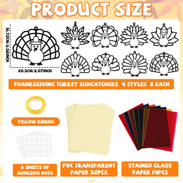 32 Sets Thanksgiving Turkey Suncatchers Craft Kit DIY Window Stained Glass Effect Thanksgiving Turkey Paper Crafts Home School C