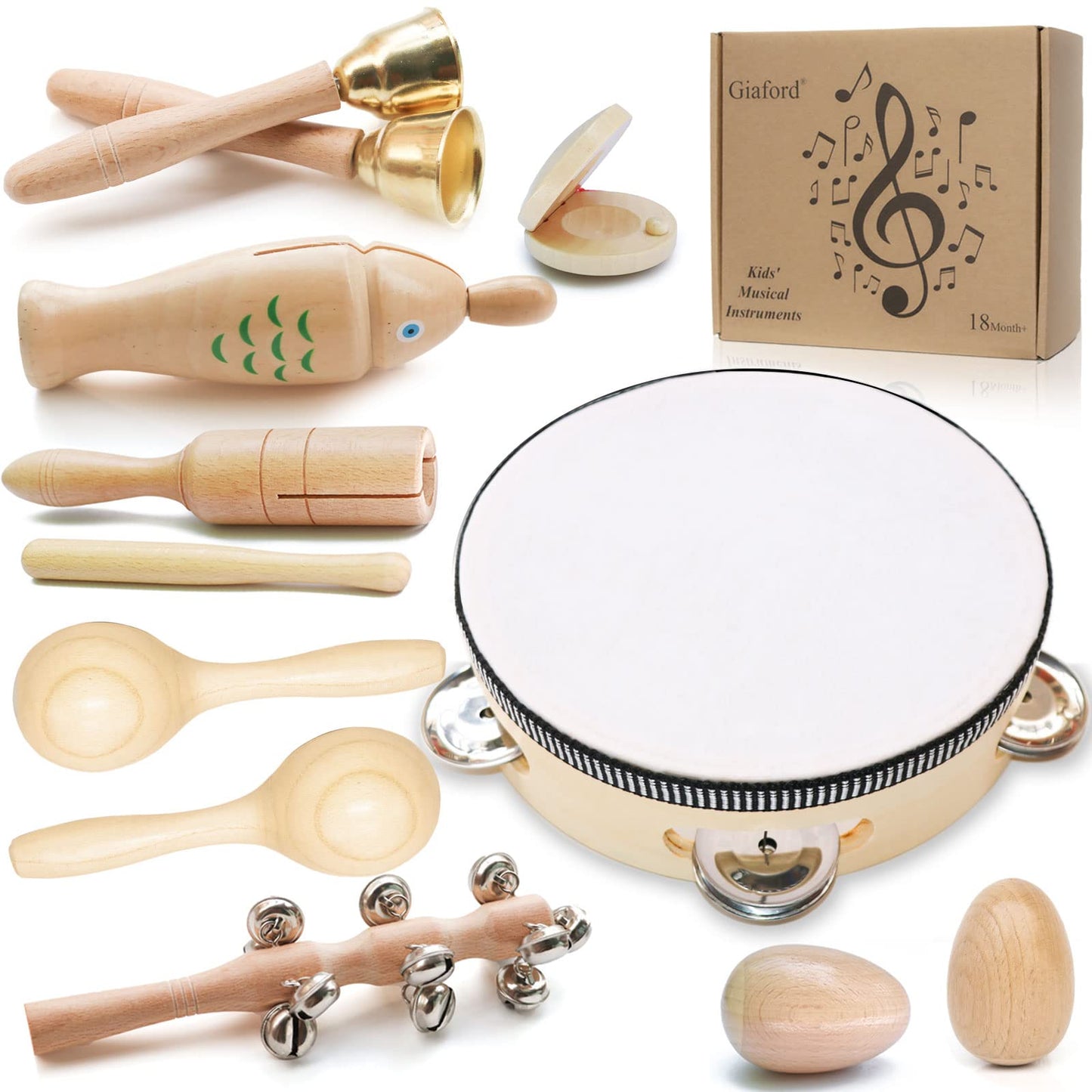 Giaford Toddler Wooden Musical Instruments Kids Drum Set Toy Tambourine Maracas,Rattle, Music Shaker, Stick Bells, Baby Musical