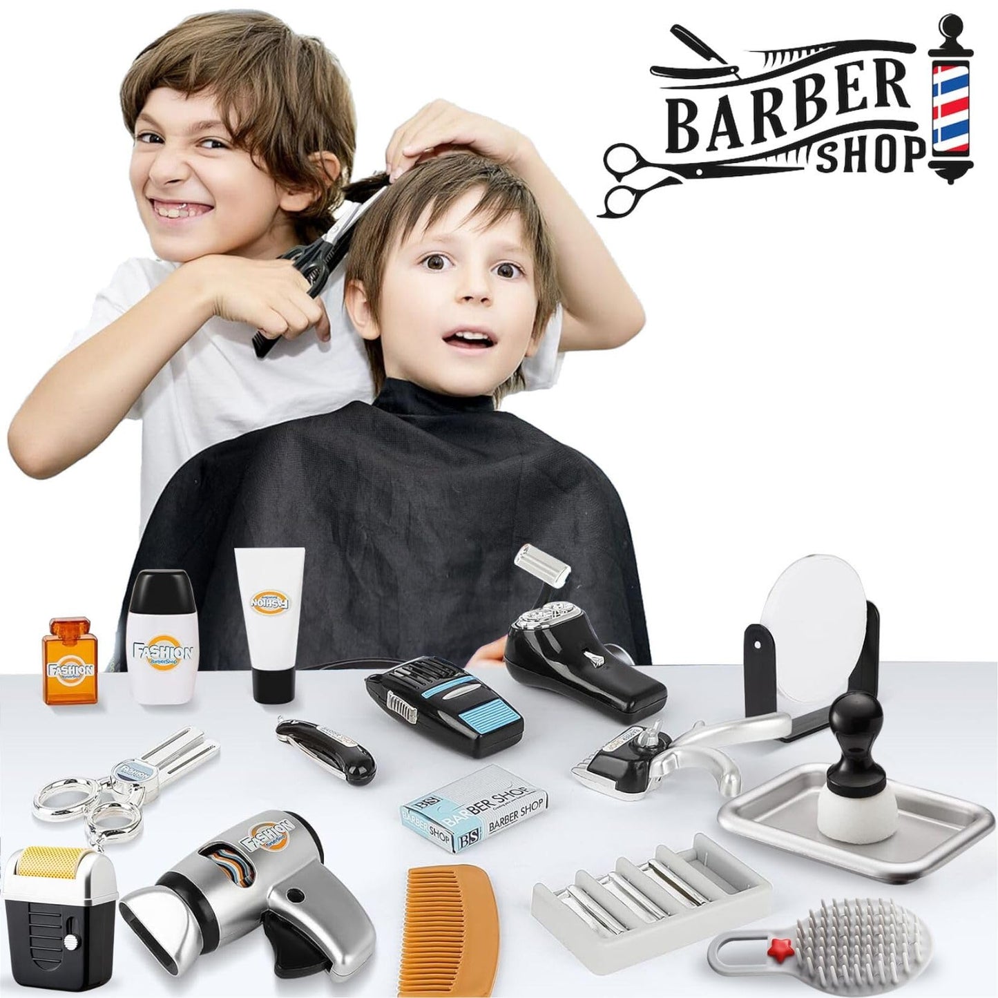 24 Pcs Barber Shop Pretend Play Toy - My First Shaving And Grooming Haircut Kit Toddler Role Play Set With Styling Accessories &