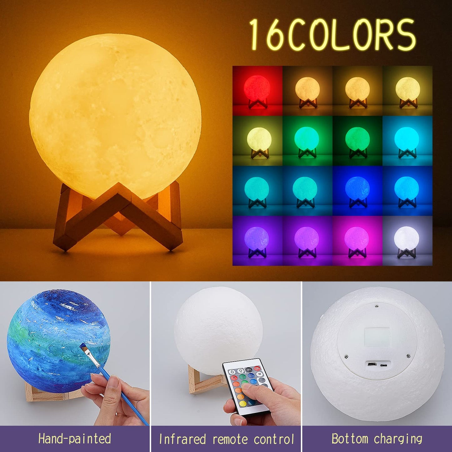 Minleway 16 Colors Rechargeable Paint Your Own Moon Lamp Kit, Diy Night Light Arts & Crafts Kit Gift For Kids, Women,Teen Girls