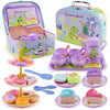Motiloo 41 Pcs Dinosaurs Kids Tea Party Set with Carrying Case & Sweet Treats Playset - Pretend Toy Tin Tea Set for Little Girls