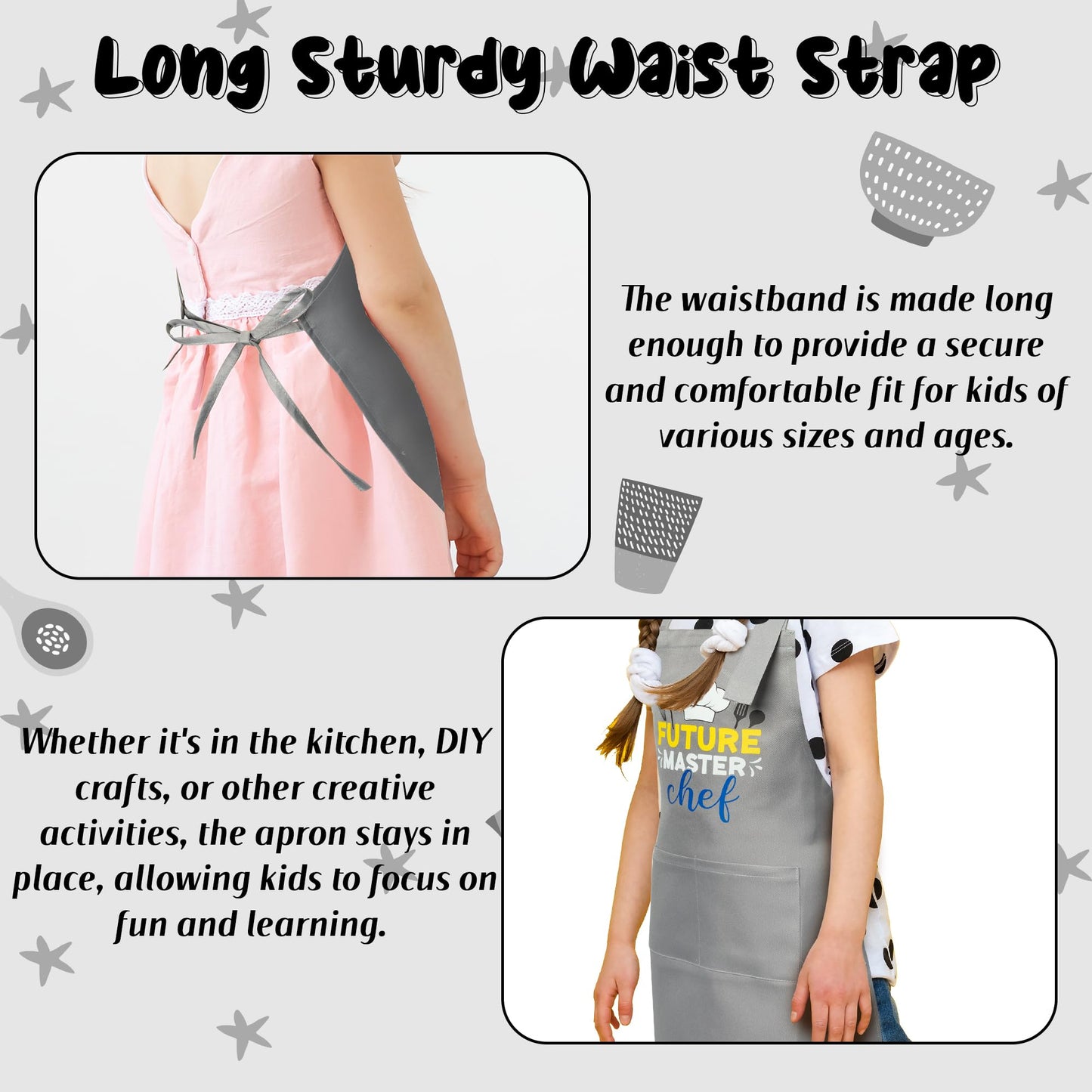 R HORSE Kid Apron and Chef Hat Set 2Pcs Adjustable Children Gray Kitchen Apron, Dress up Role Play Chef Toy Cooking Baking Paint