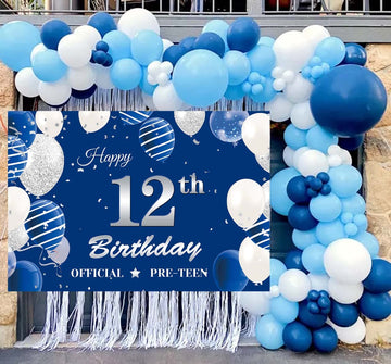 12Th Birthday Backdrop Banner, Navy Blue Silver Official Pre-Teen 12Th Birthday Photography Background, 12 Years Old Boys Birthd