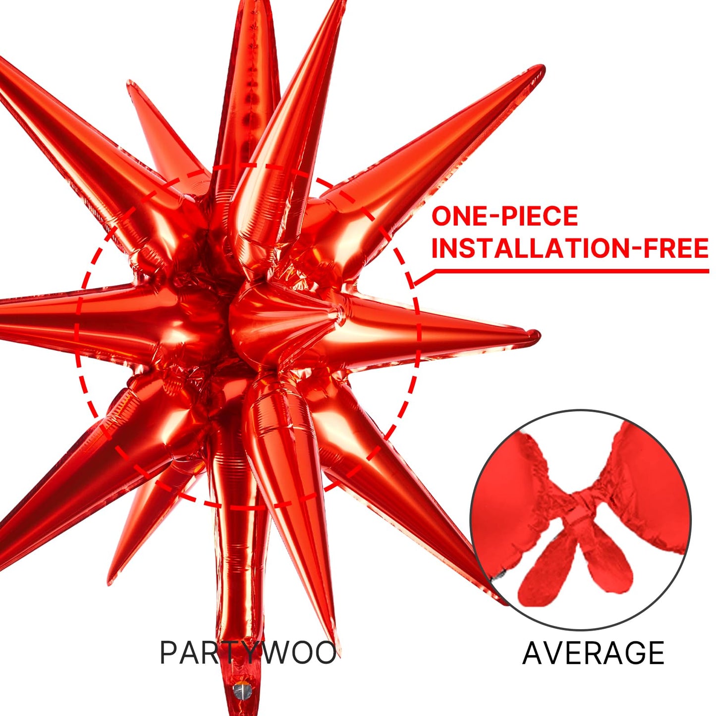 Partywoo Red Star Balloons, 2 Pcs 42 Inch Large 14-Pointed Starburst Balloons, One-Piece Star Explosion Balloons With Ribbon, Point Star Foil Balloons, Mylar Balloons For Birthday Party Decorations