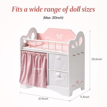 Robotime Baby Doll Crib, Wooden Doll Bed, Toy Baby Crib With Storage, Bedding, And Wooden Hooks, Doll Crib Fits Dolls Up To 21''